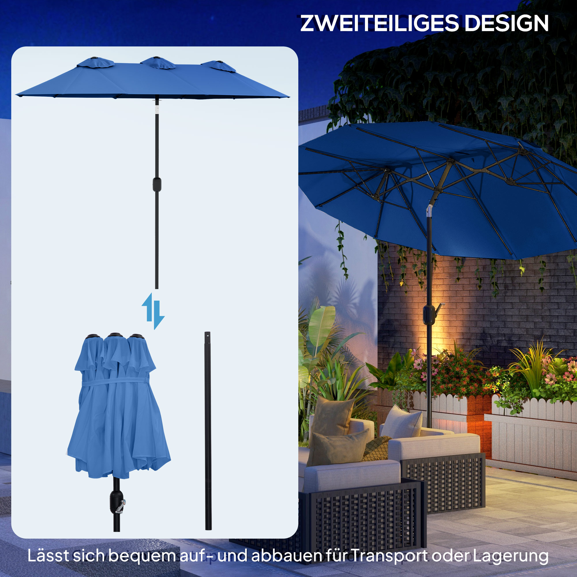 Sonnenschirm, Gartenschirm, neigbar, mit Handkurbel, Winddach, Polyester+Stahl, Marineblau, 285 x 147 cm