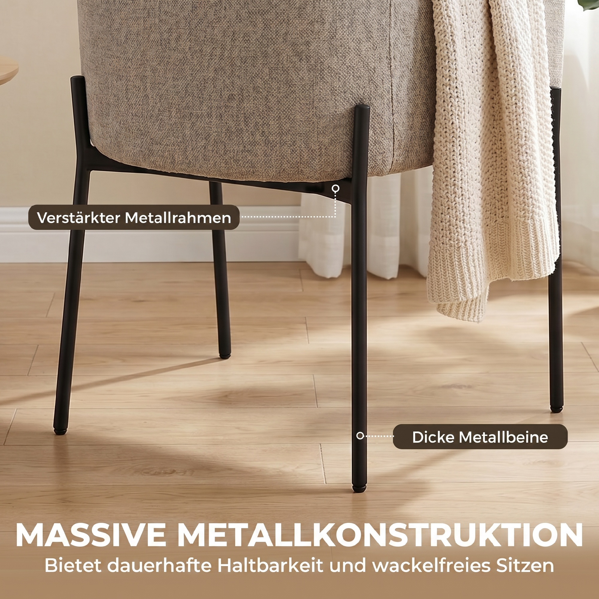 Sessel Wohnzimmer Loungesessel mit Chenille-Optik, Armlehnen, Metallbeinen für Schlafzimmer, Hellbraun