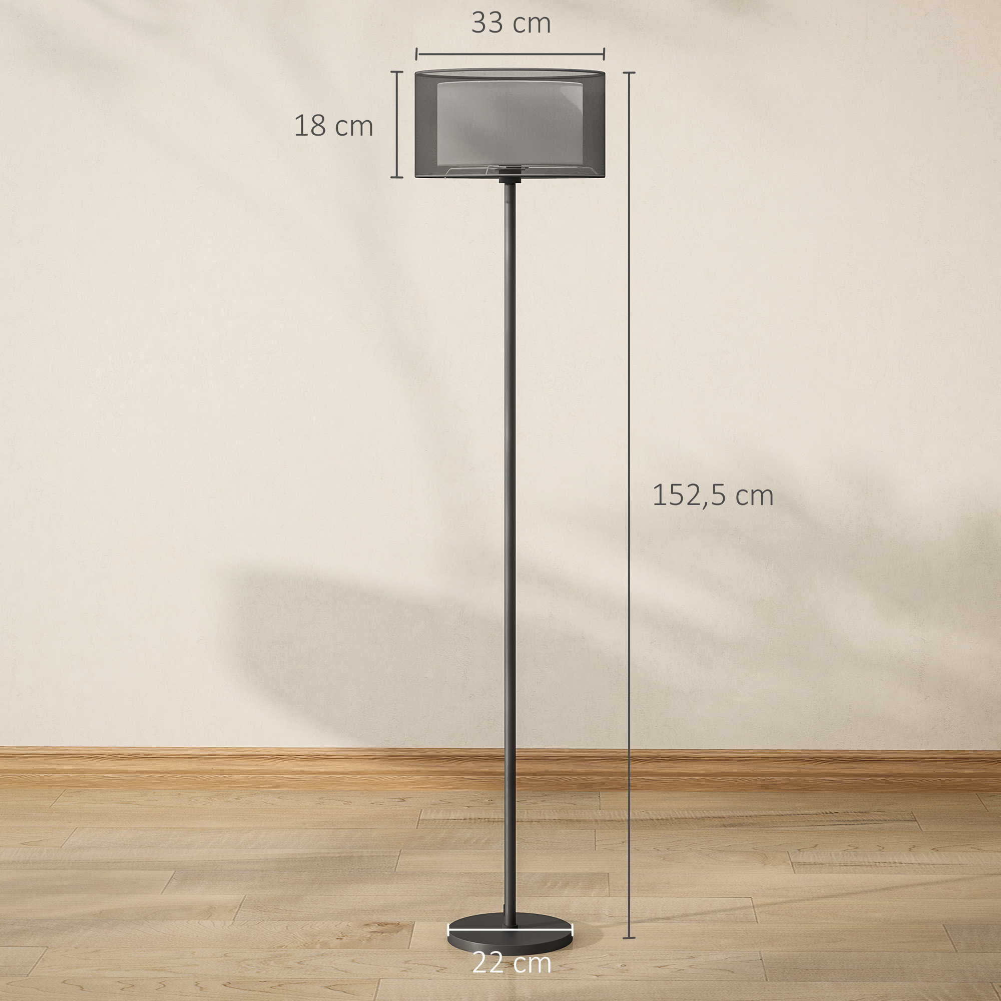 Stehlampe, zweifarbiger Lampenschirm, Fußschalter, Metall, Schwarz