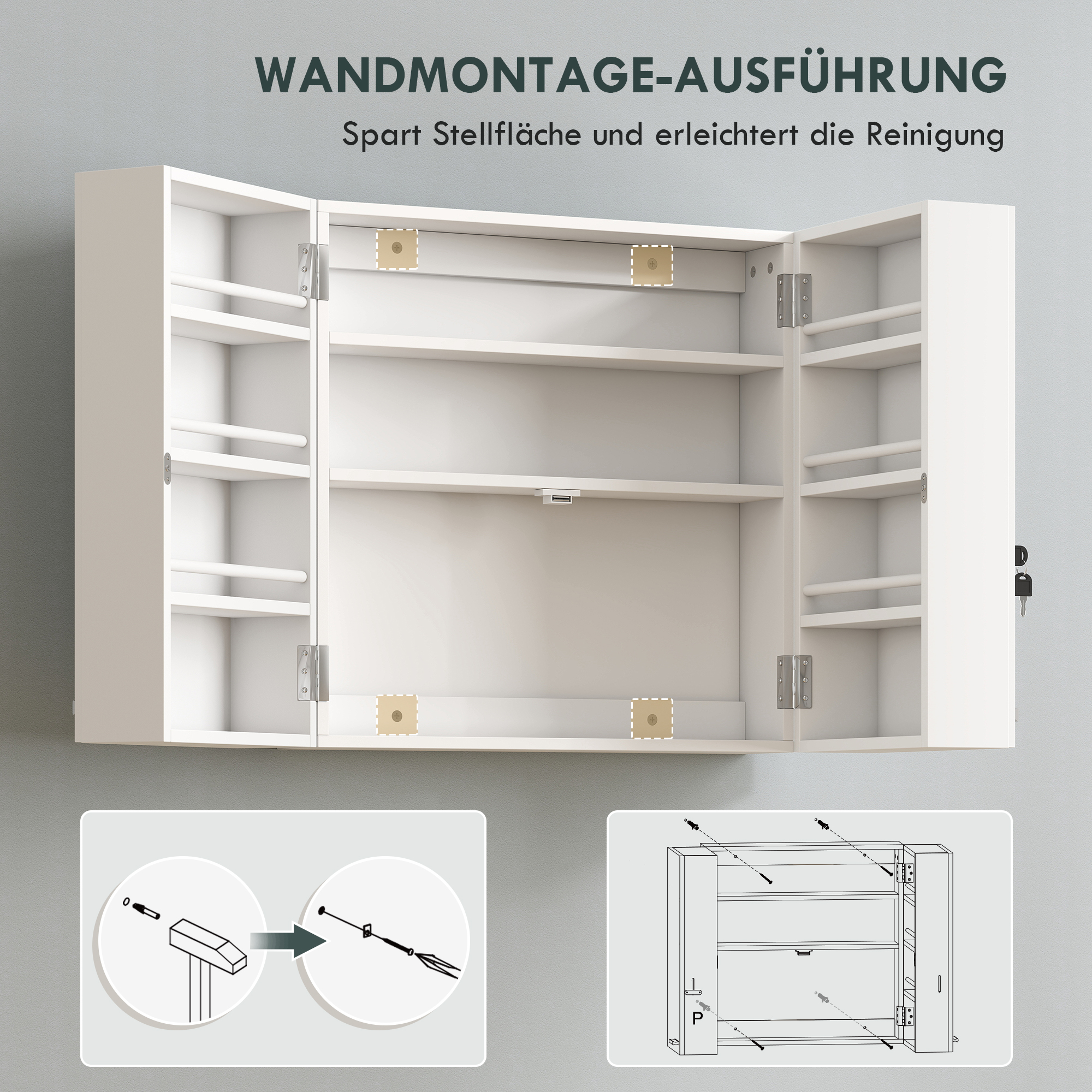 Medizinschrank abschließbar 2-türig Hängend Medikamentenschrank mit 11 Fächer 2 Schlüssel, 53 x 20 x 53 cm, Weiß