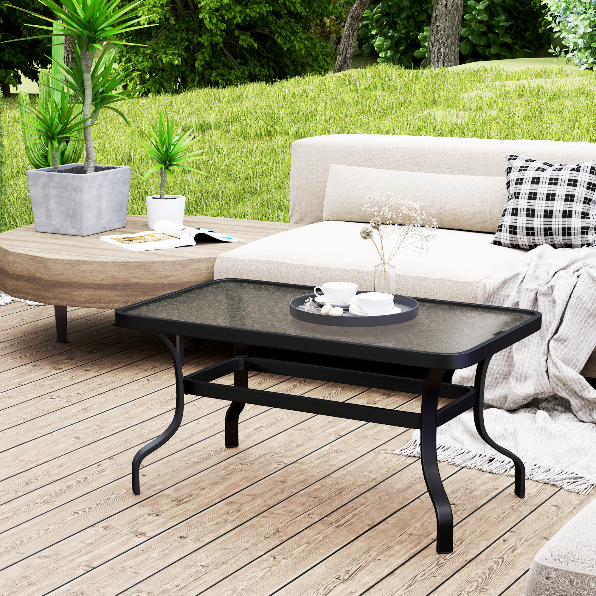 Beistelltisch Hartglas Kaffeetisch Couchtisch mit Wellendesign, Abgerundete Ecke Balkontisch 95x55 cm Schwarz