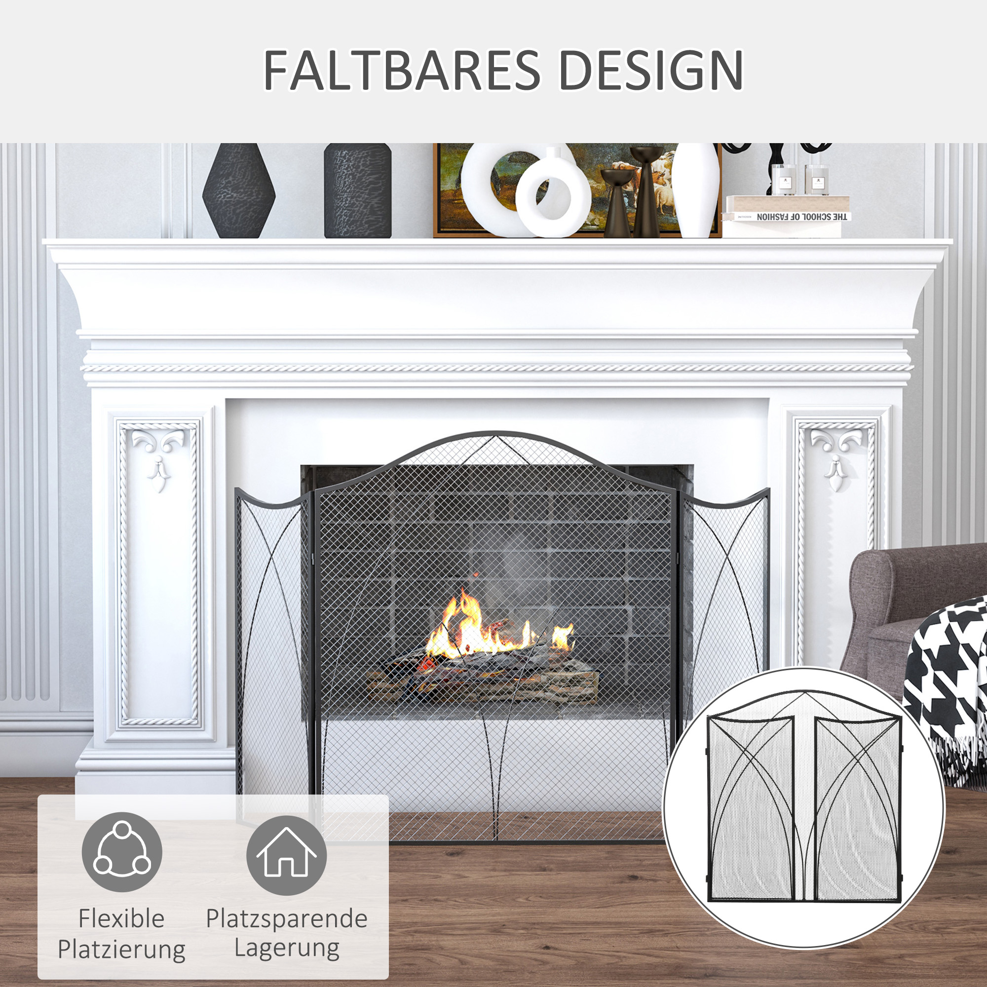 Funkenschutz für Kamine, dreifach faltbar, Metallstruktur, Beschichtung, 108x2x76 cm, Schwarz