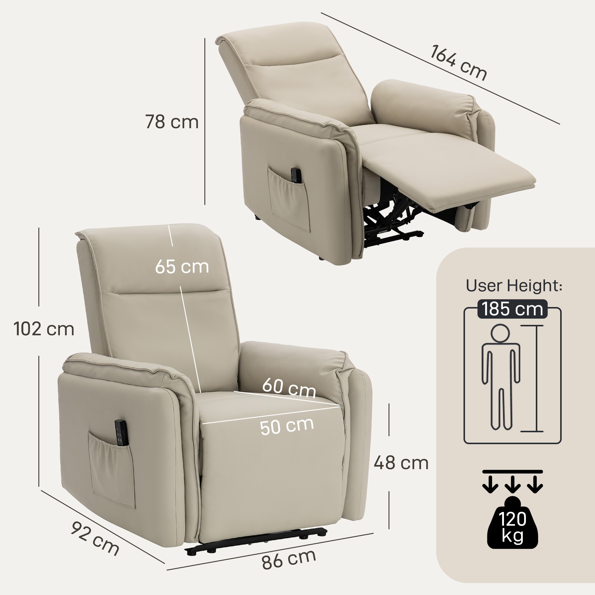Elektrischer Massagesessel, Kunstlederbezug, Fußstütze, Seitentasche, Beige