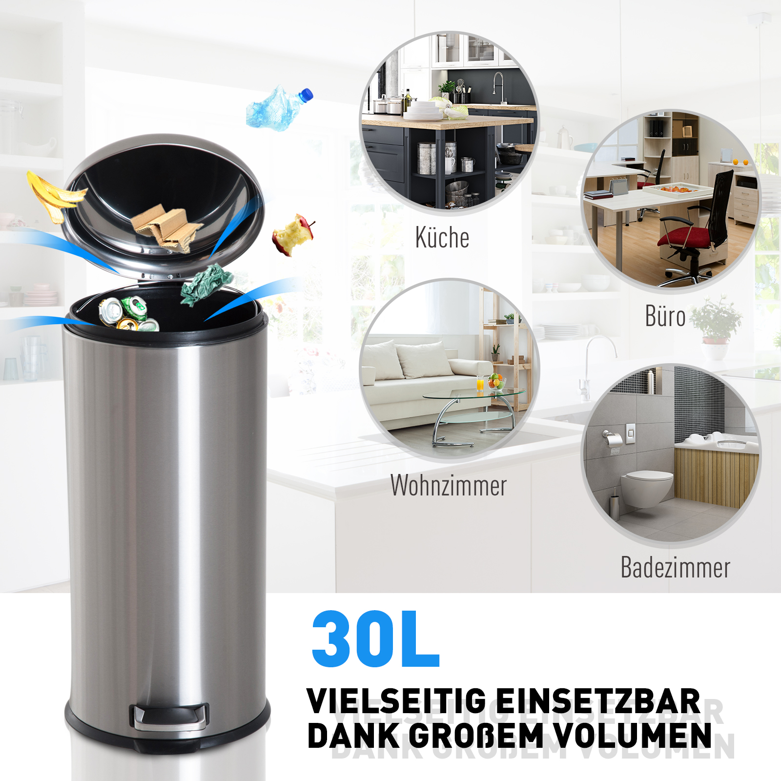 30L Mülleimer Abfalleimer, Papierkorb, Treteimer mit Deckel, Fußpedal, Müllbehälter mit Inneneimer, Mülltrennung für Wohnzimmer, Büro, Rund