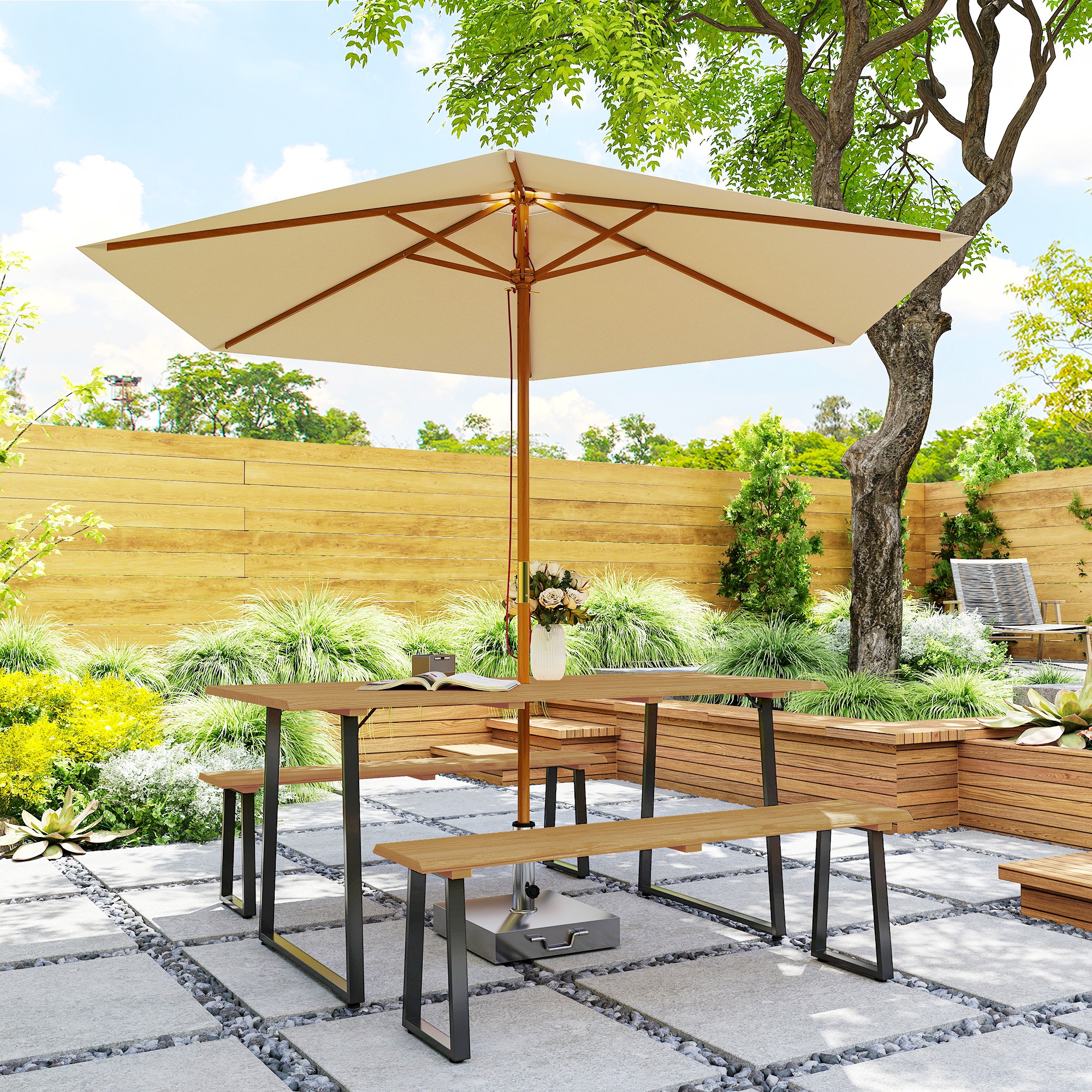 Sitzgruppe 3-teilig Holz Essgruppe für 6 Personen Esstisch mit 2 Bänke Schirmloch Holztisch 178 x 76 x 77 cm Naturholz