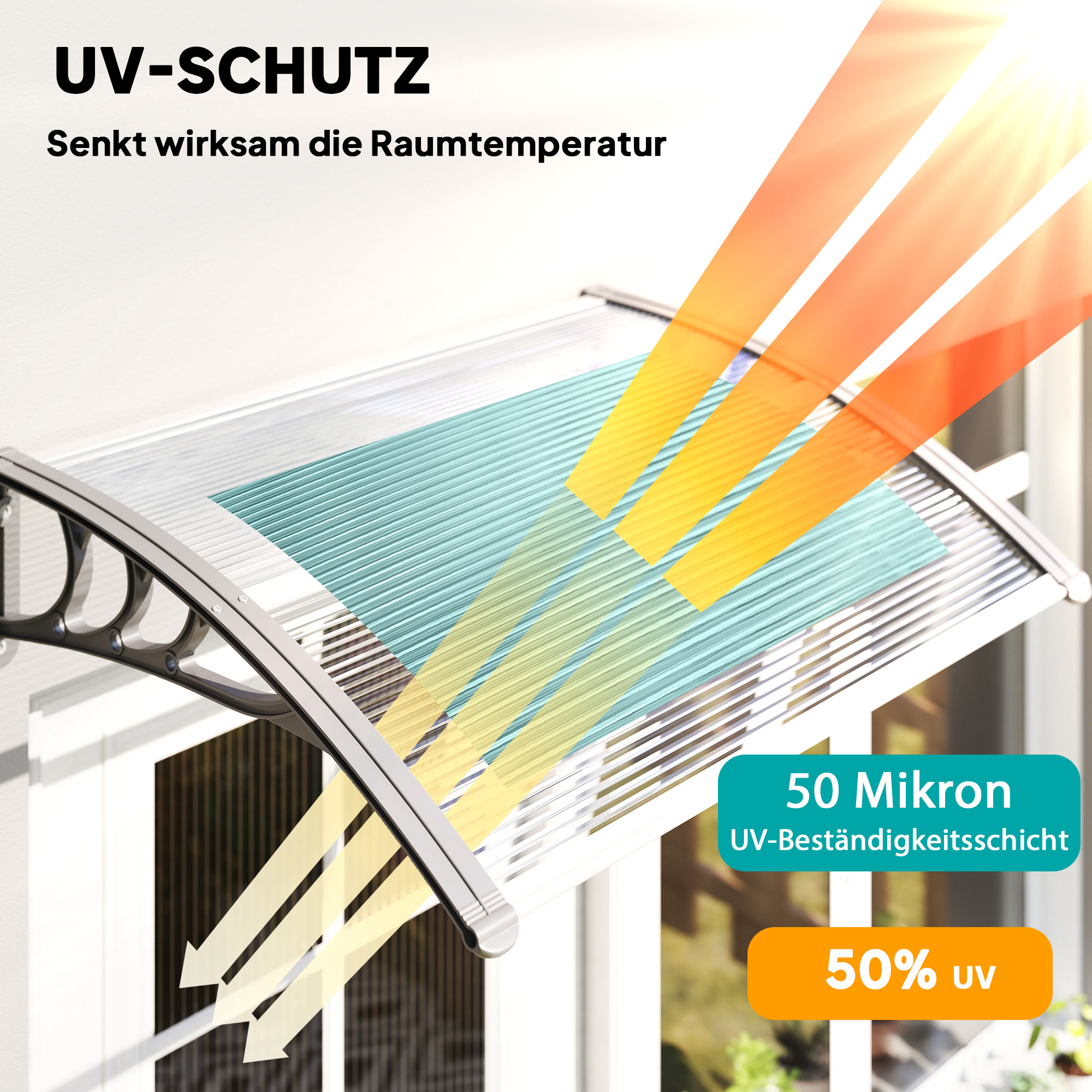 Vordach, Haustürvordach, Überdachung für Eingänge und Fenster, 100L x 75B x 23H cm, Silber