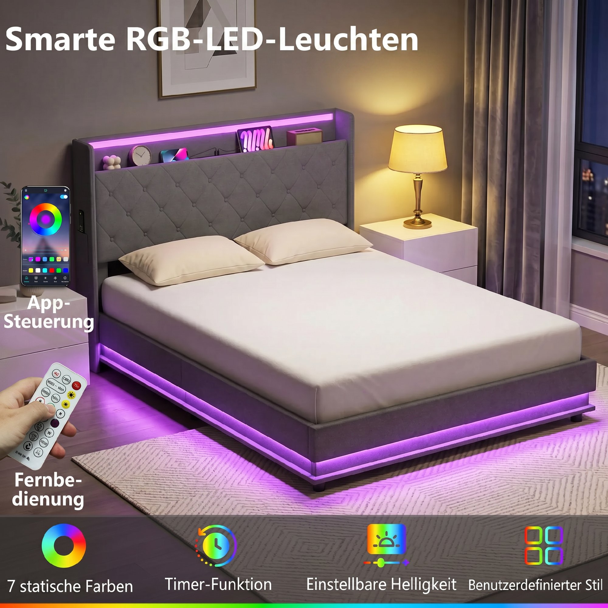 Bettgestell 140 x 200 cm mit Kopf- und Fußteil, Plattformbett mit hydraulischem Stauraum, LED-Lichtern