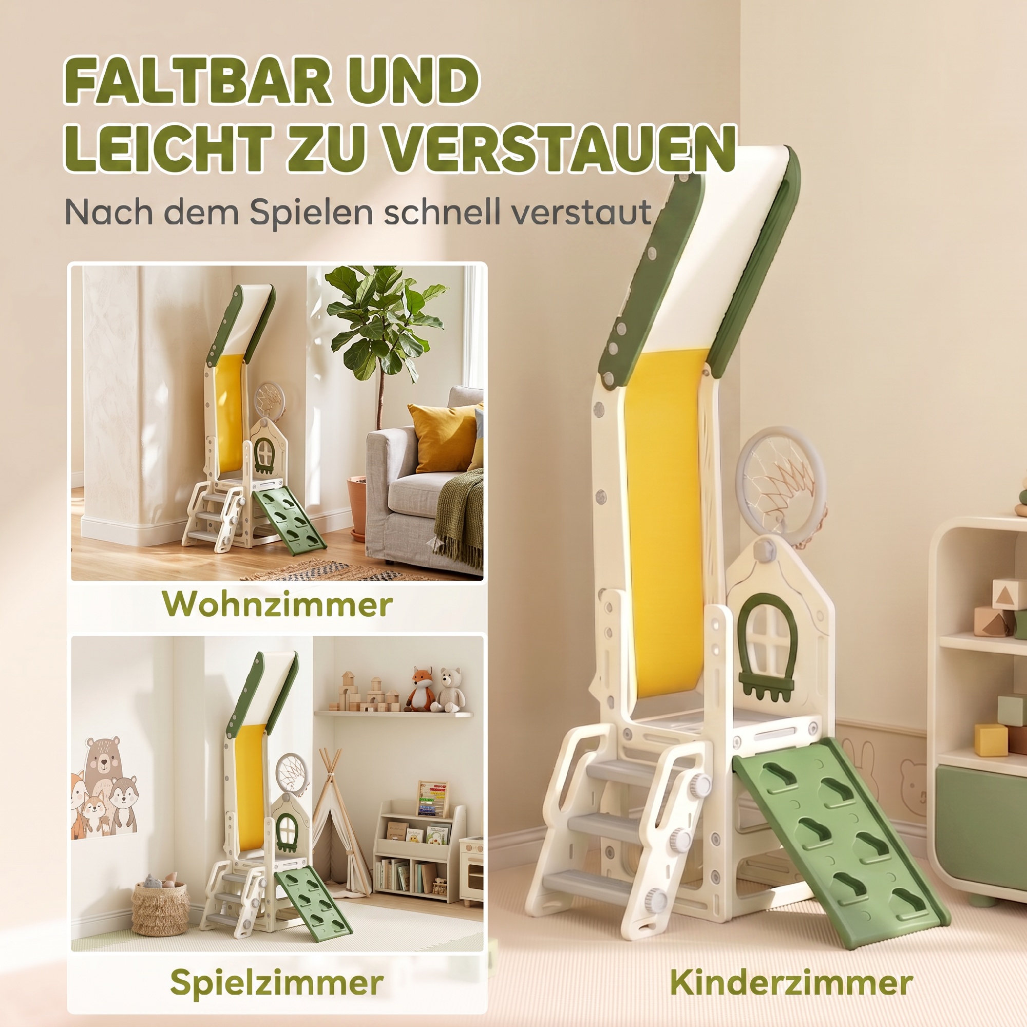 faltbare 4-in-1 Kleinkinderrutsche mit Kletterelement, Basketballkorb, Stauraum und Basketball für Kinder von 1-3 Jahren, Cremeweiß