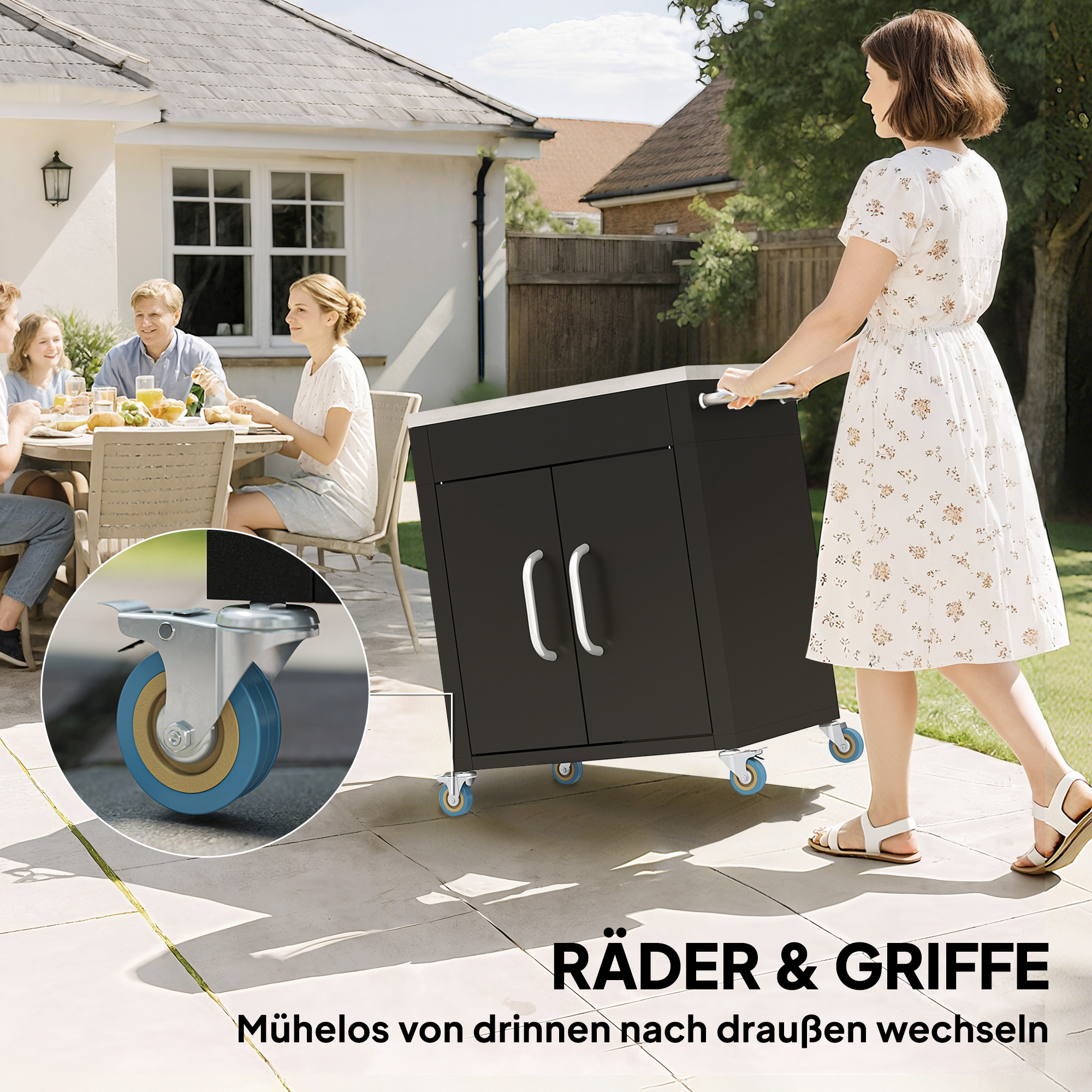 Küchenwagen mit Rollen, Servierwagen, Rollwagen mit Schrank, Haken und Edelstahlgriffe, Küchenhilfe, BBQ Grilltisch aus Edelstahl Küchentrolley, 86 x 50 x 86,5 cm Schwarz