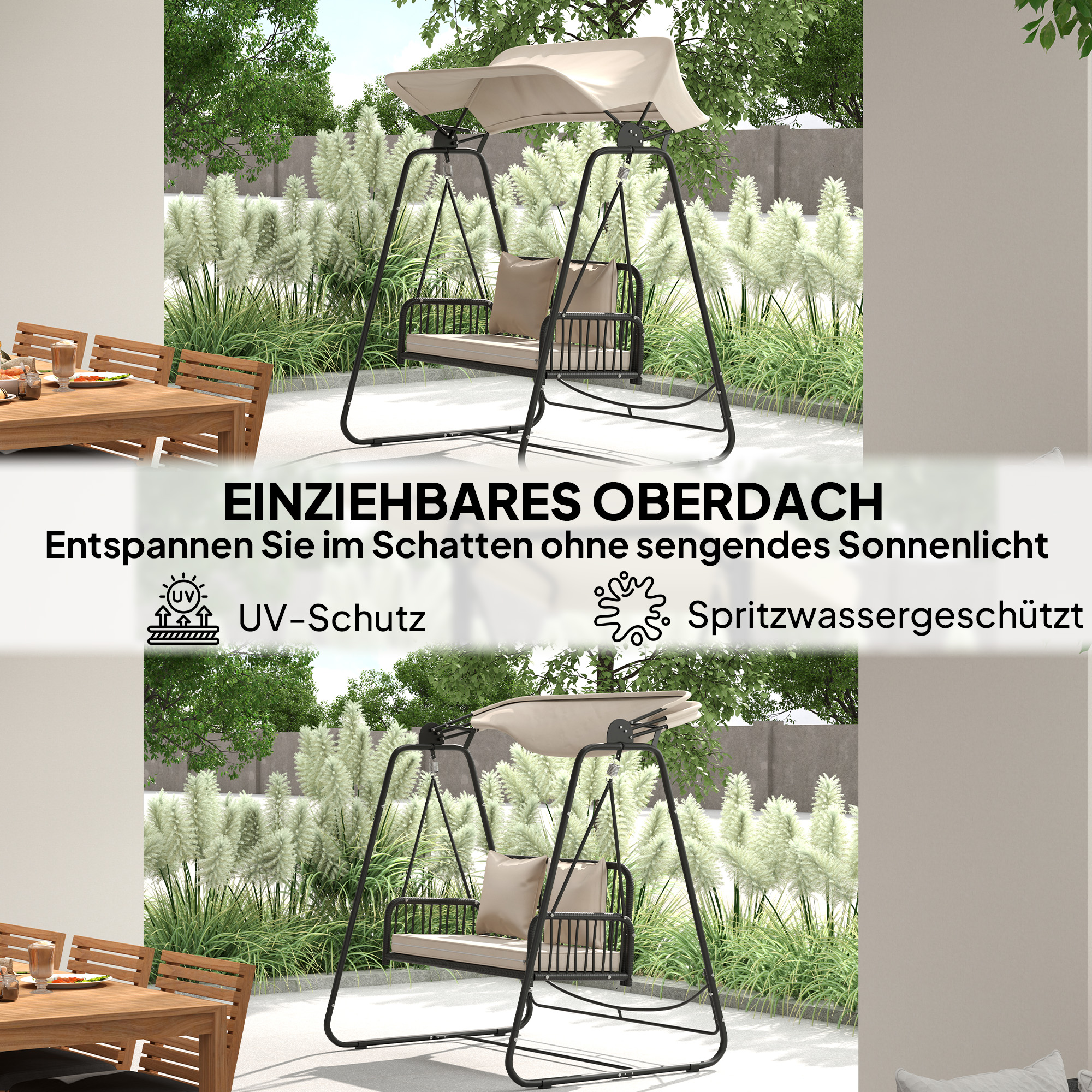 Hollywoodschaukel Rattan 2-Sitzer Gartenschaukel mit Sonnendach Kissen bis 240 kg 149 x 121 x 180 cm Khaki