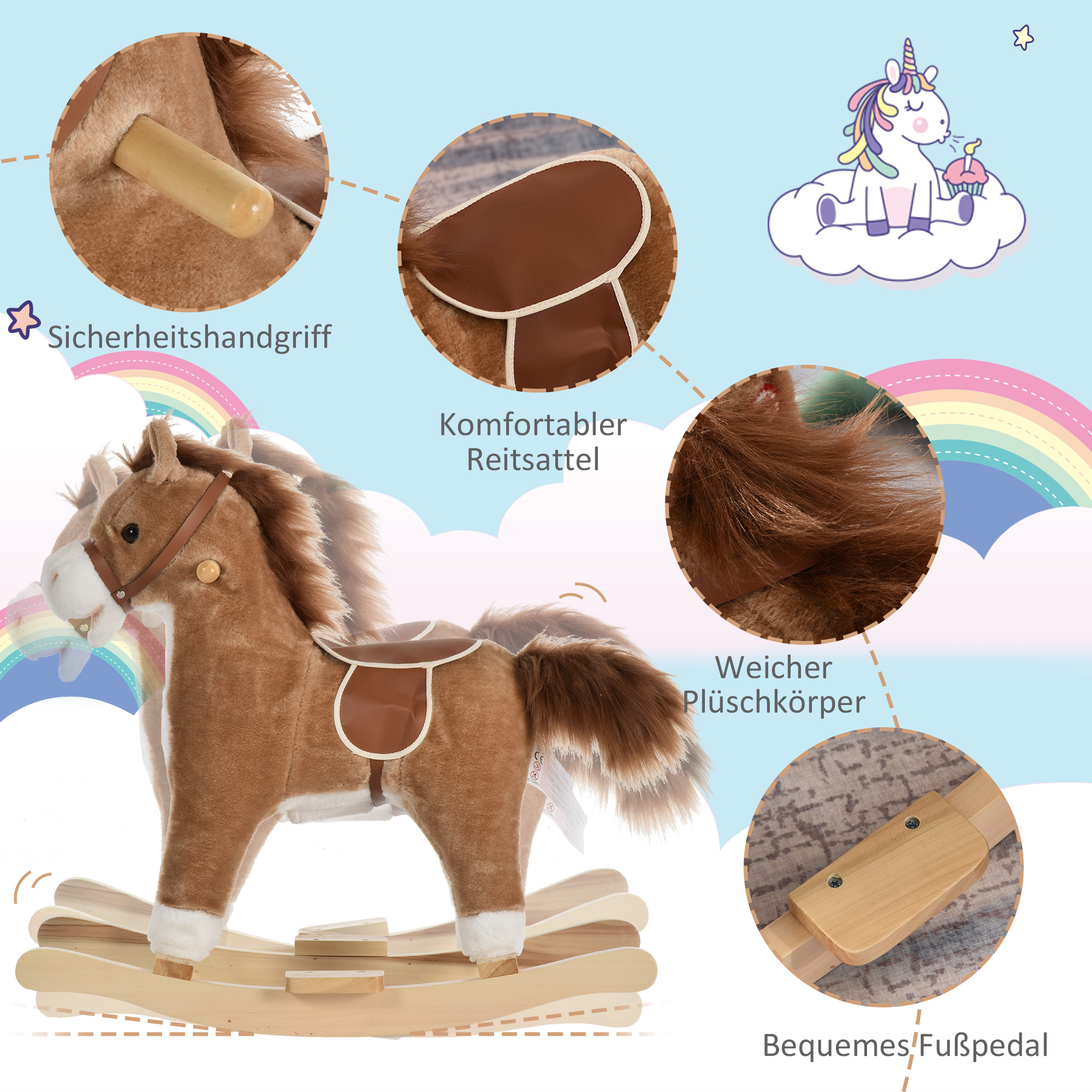Kinder Schaukelpferd Baby Schaukeltier Pferd mit Tiergeräusche Spielzeug Haltegriffe für 36-72 Monate Plüsch Braun 65 x 32,5 x 61 cm