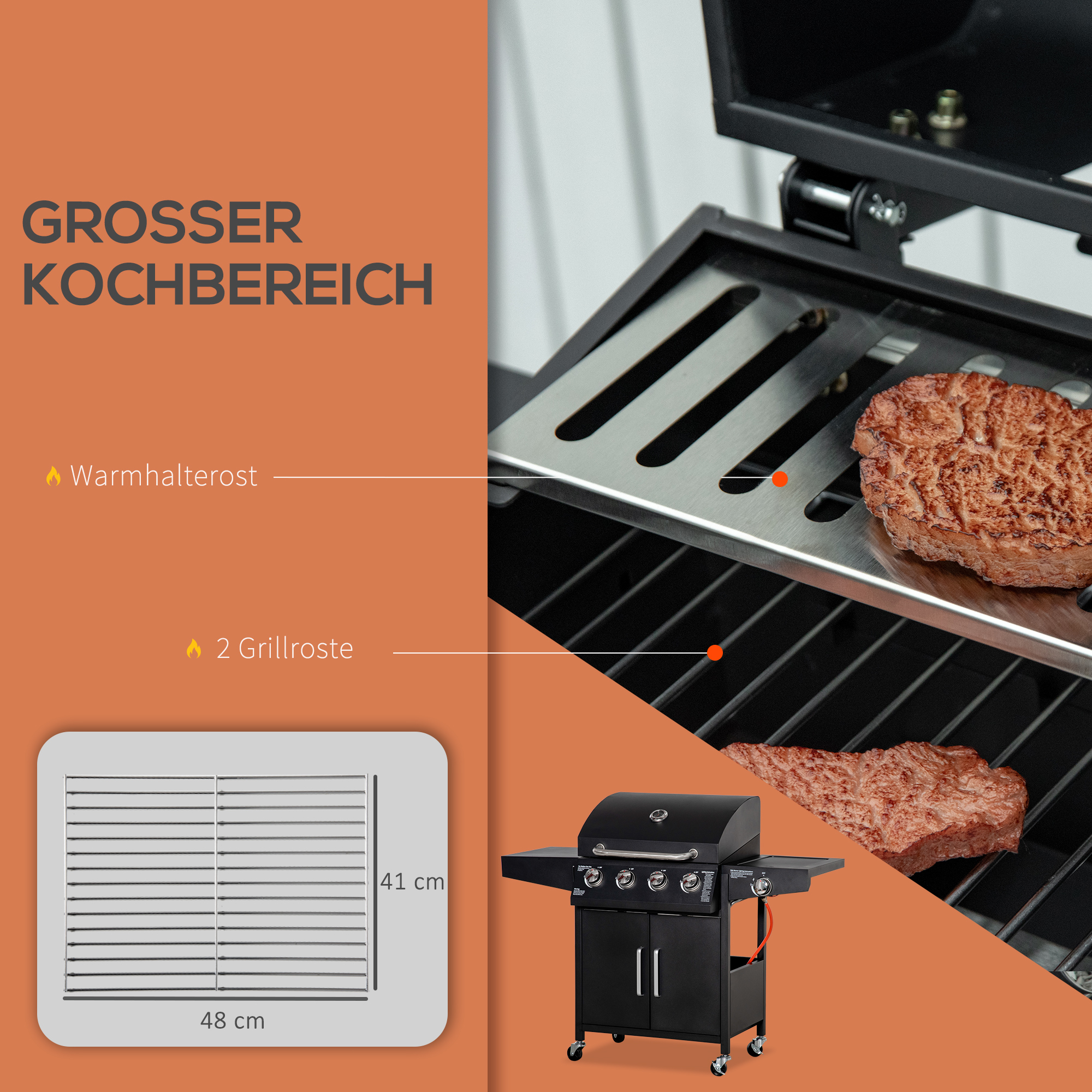 Gasgrill BBQ mit 3 Brennern je 3 kw mobiler Grillwagen mit 4 Rädern Grillnetz Seitentischen Druckminderer Schläuche Schrank Multifunktion Metall Schwarz 132,4cm x 55cm x 109cm