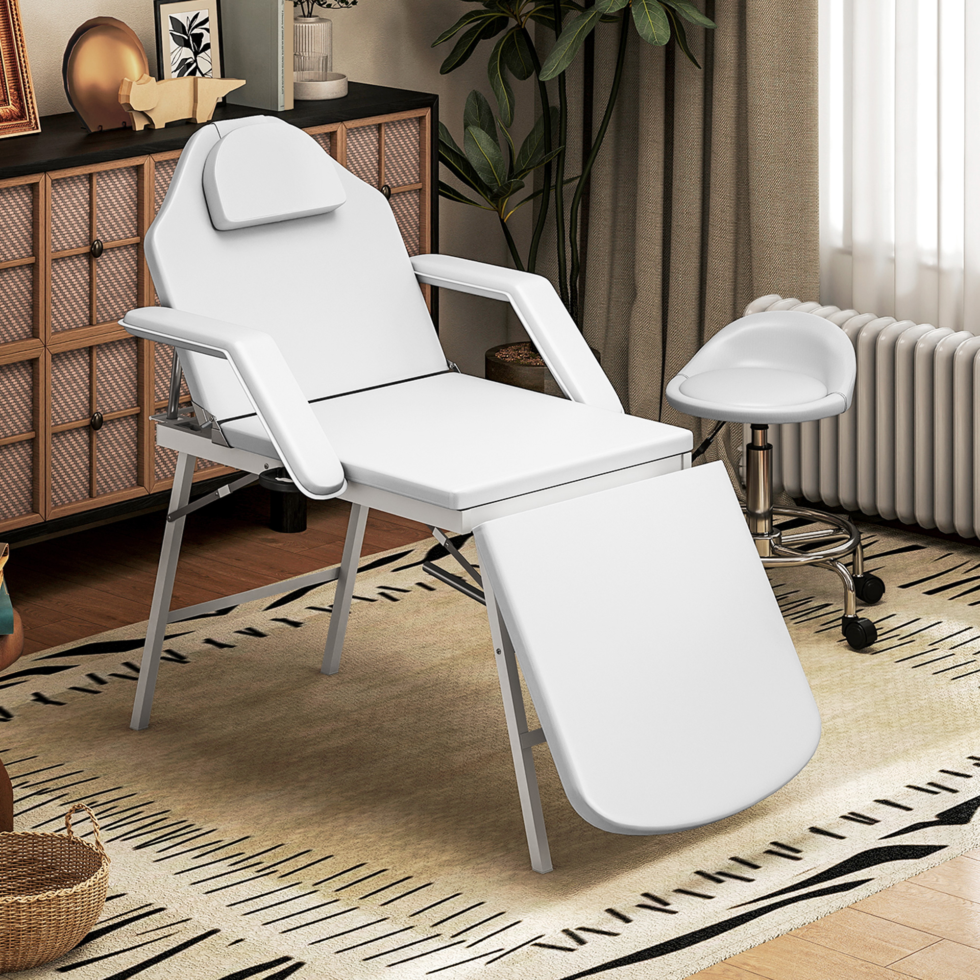 Tragbarer Massagetisch, Klappbare Massageliege mit Kunstleder-Bezug, Schaumstoff-Polsterung, Stahlrahmen, Weiß