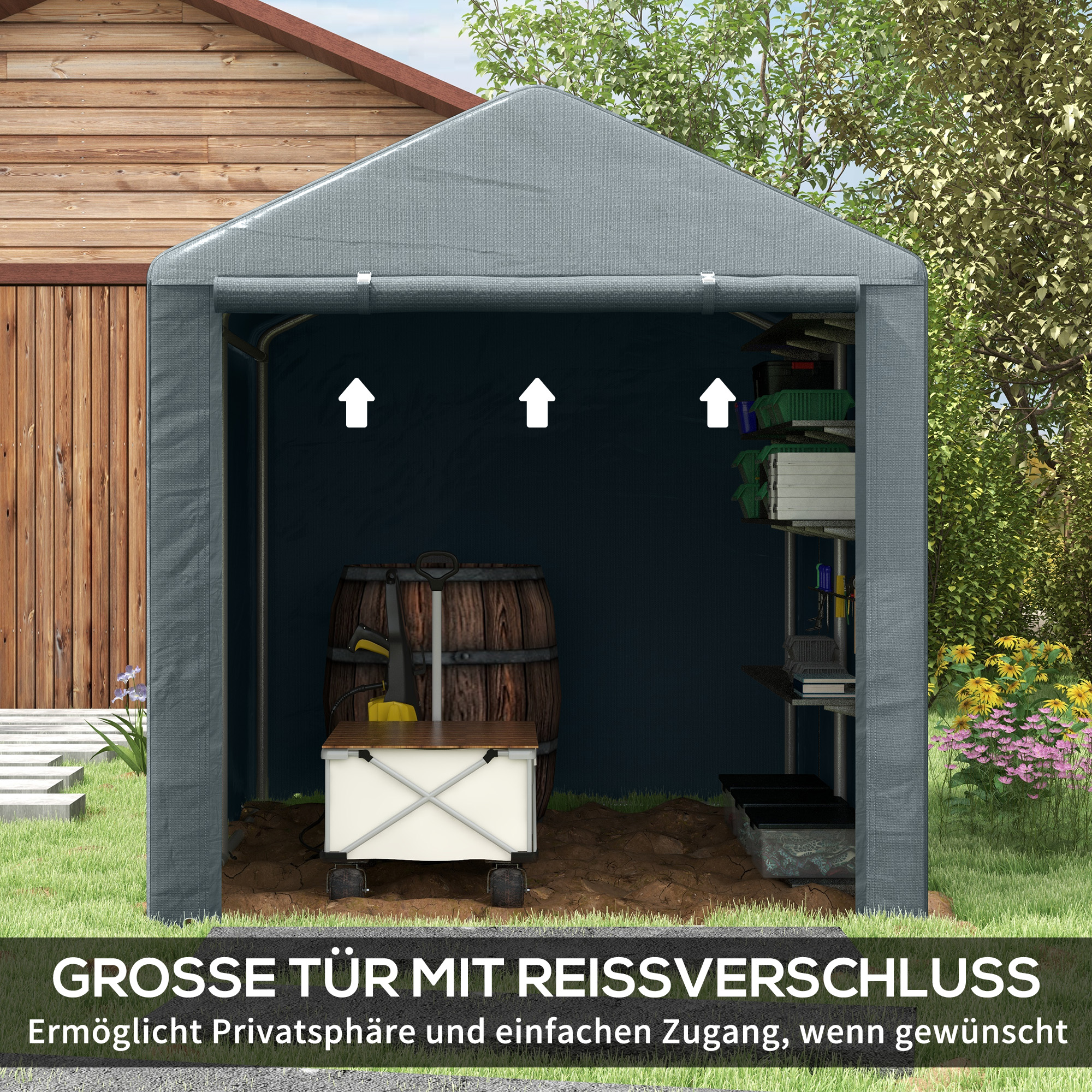 Geräteschuppen, Zeltgarage, große Tür, rostfreier Metallrahmen, 160x218x172 cm, Dunkelgrau