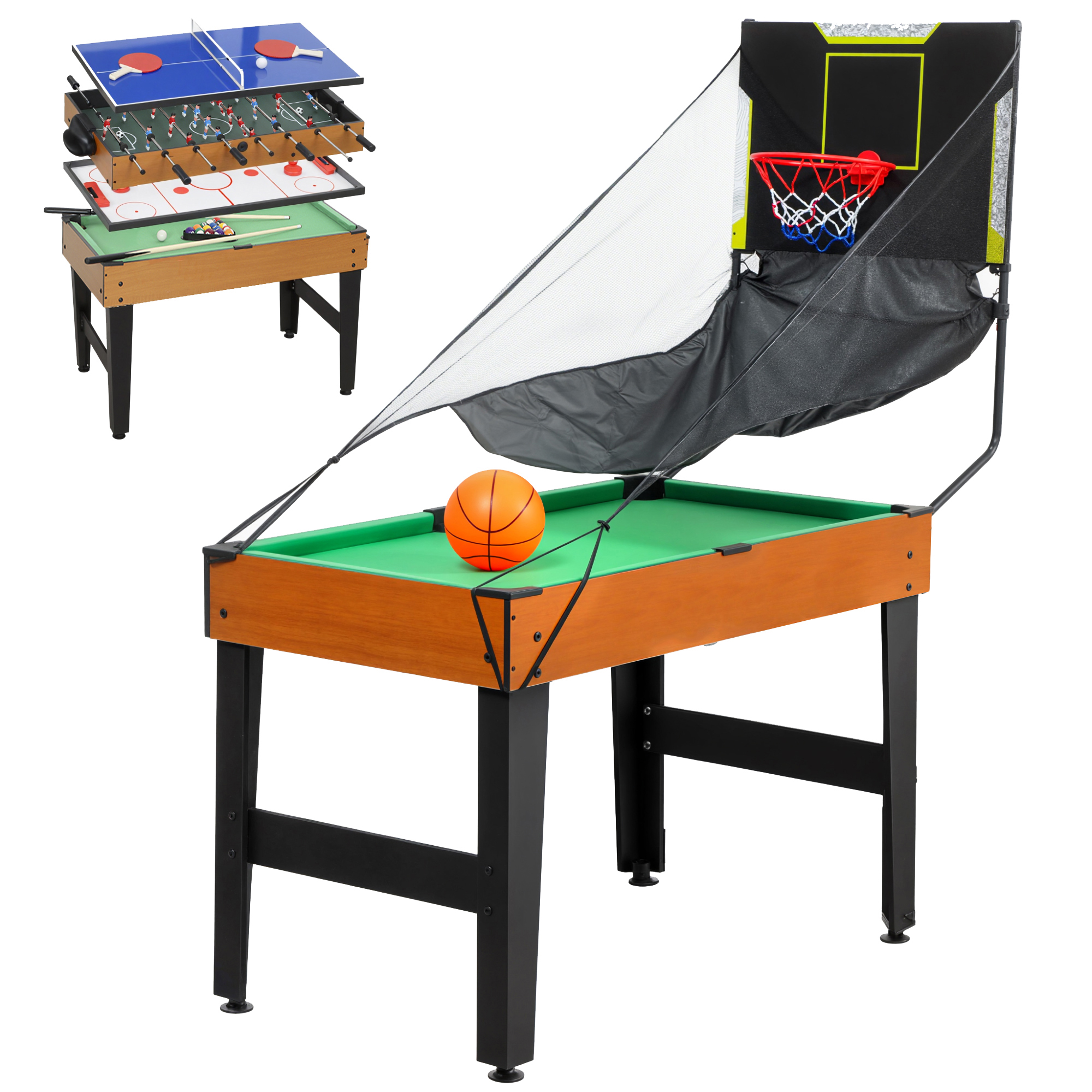 5-in-1 Multispiel-Tisch, 53 Zubehör-Teile, Tischfußball, Tischhockey , Tischtennis, Billard, Basketball, Walnuss 5-in-1 Multispiel-Tisch, 53 Zubehör-Teile, Tischfußball, Tischhockey , Tischtennis, Billard, Basketball, Walnuss