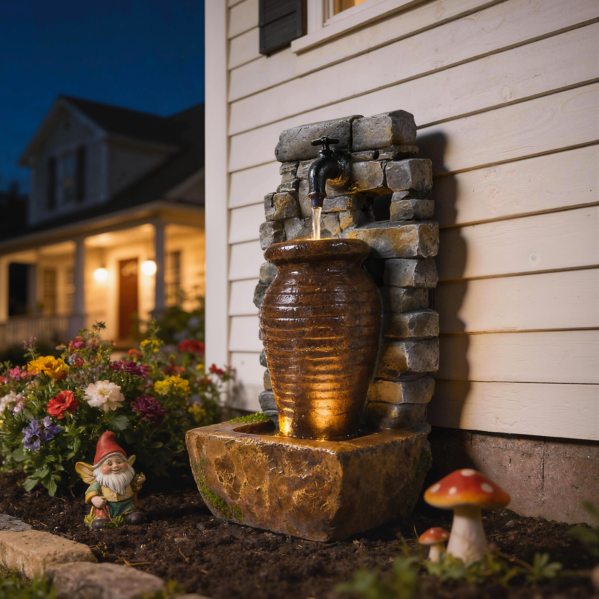 Gartenbrunnen mit einstellbarem Wasserfluss und 3-stufiger rustikaler Steinwand im Krugdesign