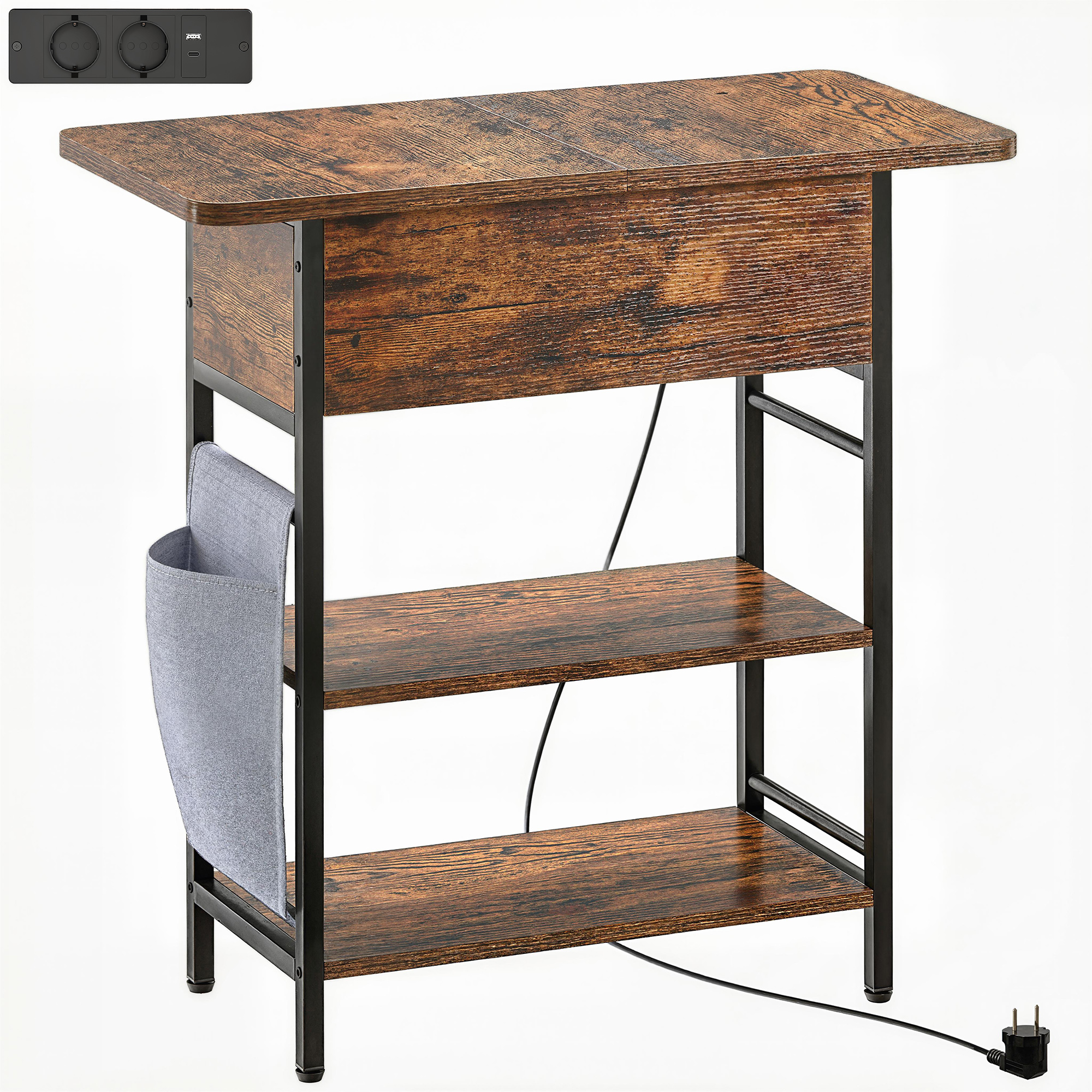 Beistelltisch Nachttisch mit Steckdosenleiste, 2 Ebenen, USB-Anschlüssen Stauraum 60 x 29,8 x 58,5 cm Rustikal Braun