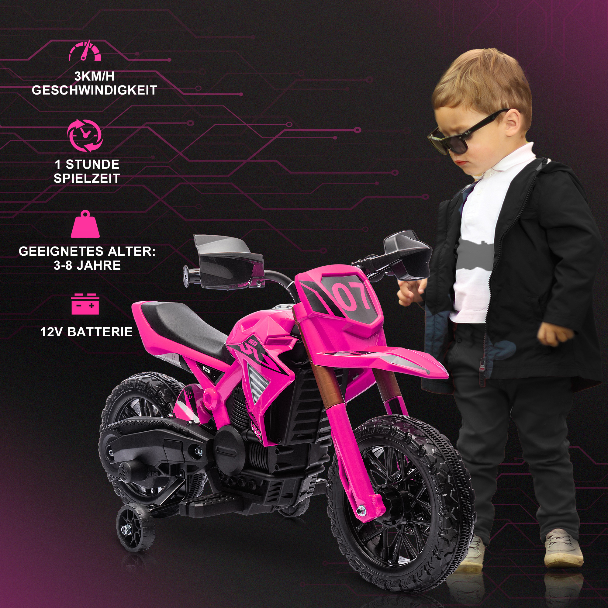 Elektro-Motorrad für Kinder, 12V Kindermotorrad mit Stützrädern, Kinderfahrzeug mit Hupe und Startgeräusch, 3 km/h, Rosa