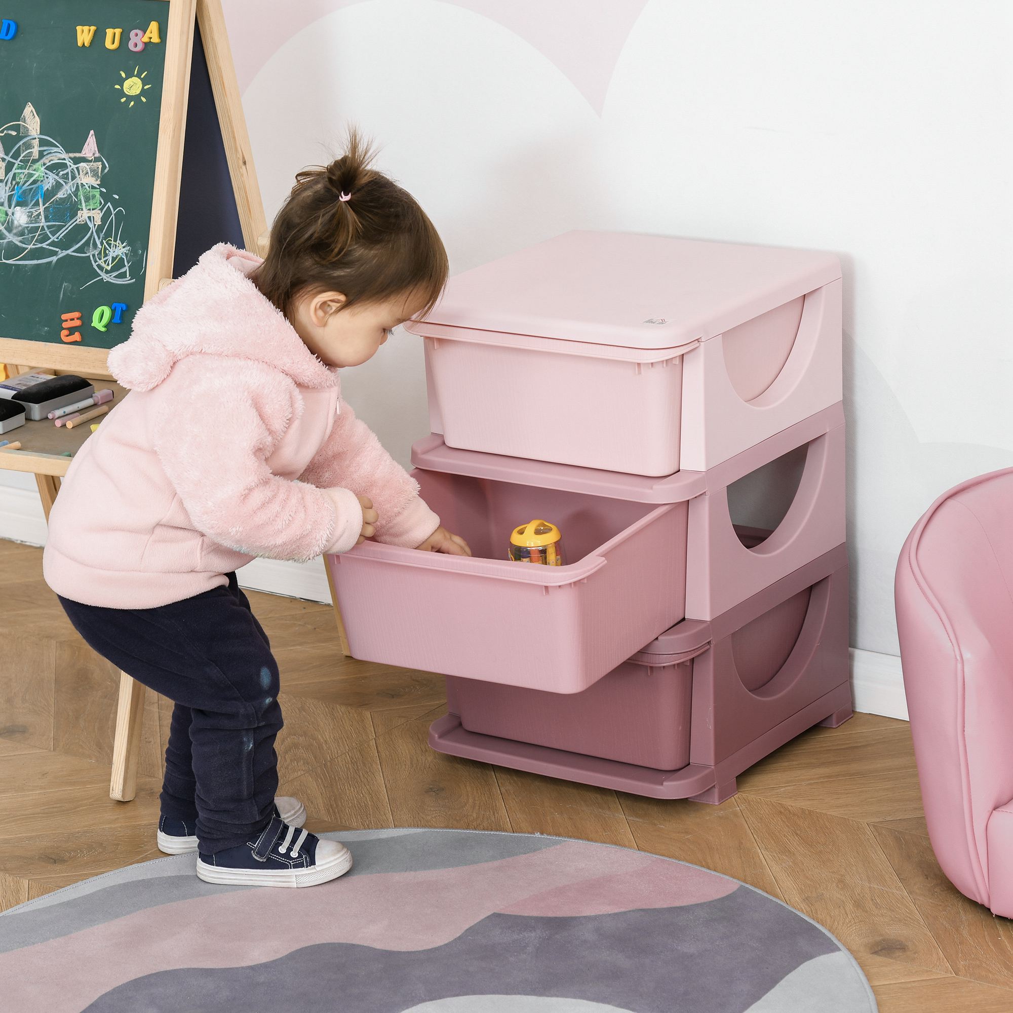 Aufbewahrungsboxen für Kinder, 3 Schubladen, abgerundete Kanten, erhöhtes Design, 37x37x56,5 cm, Rosa