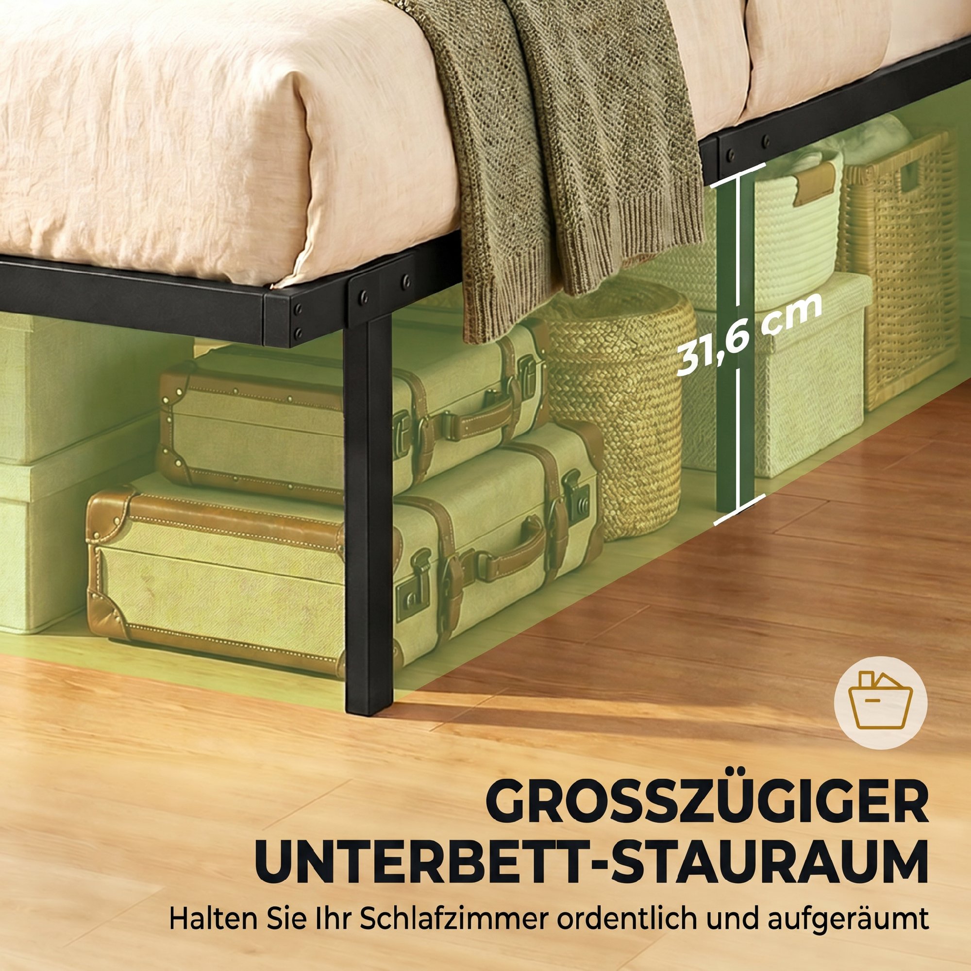 Bettgestell, 140 x 200 cm Metallbett mit Stauraum unter dem Bett, Metallgestell mit Lattenrost, kein Boxspring nötig