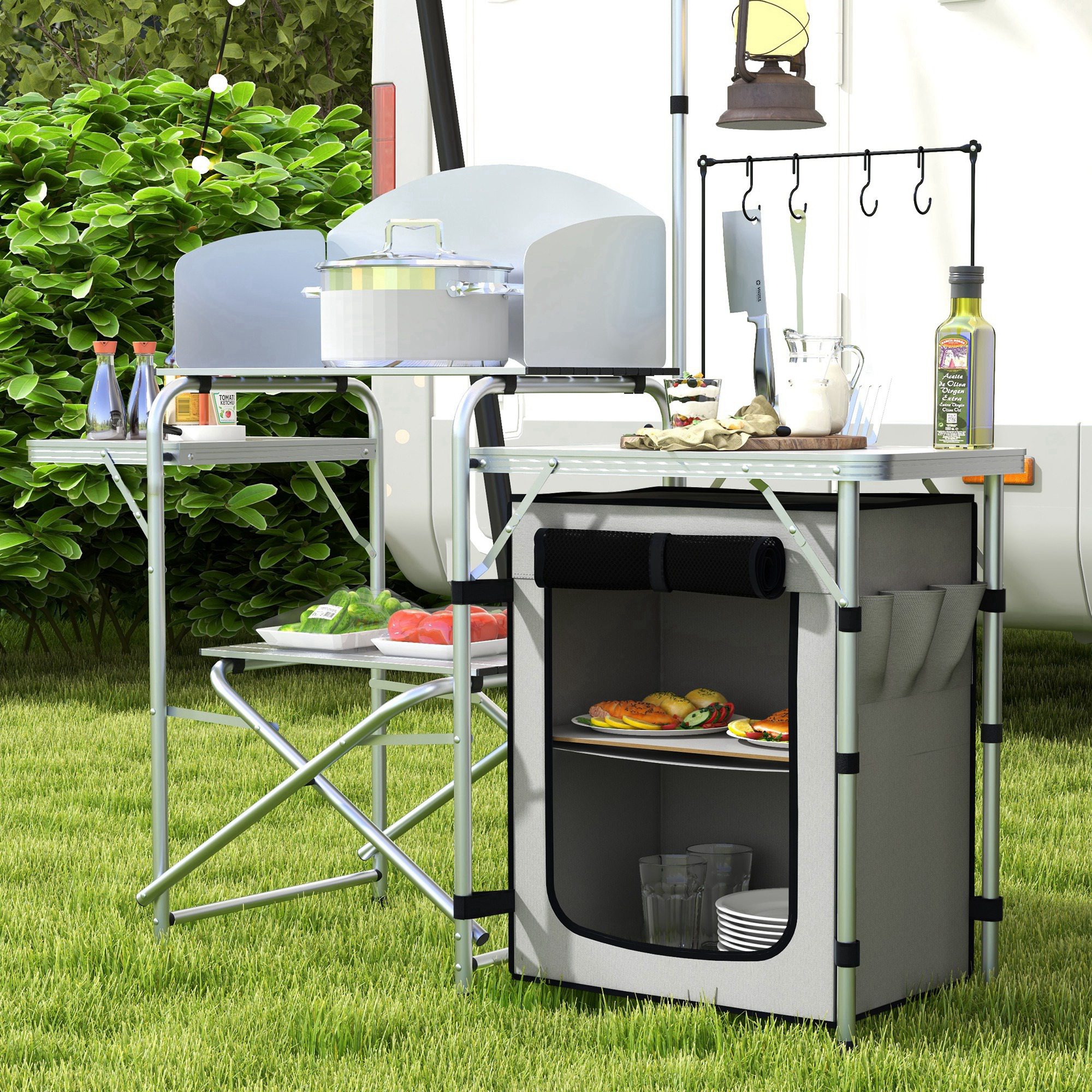 Campingküche, faltbar, 3 Arbeitsplatten, Windschutz, Stoffschrank, 144x48x119cm, Silber