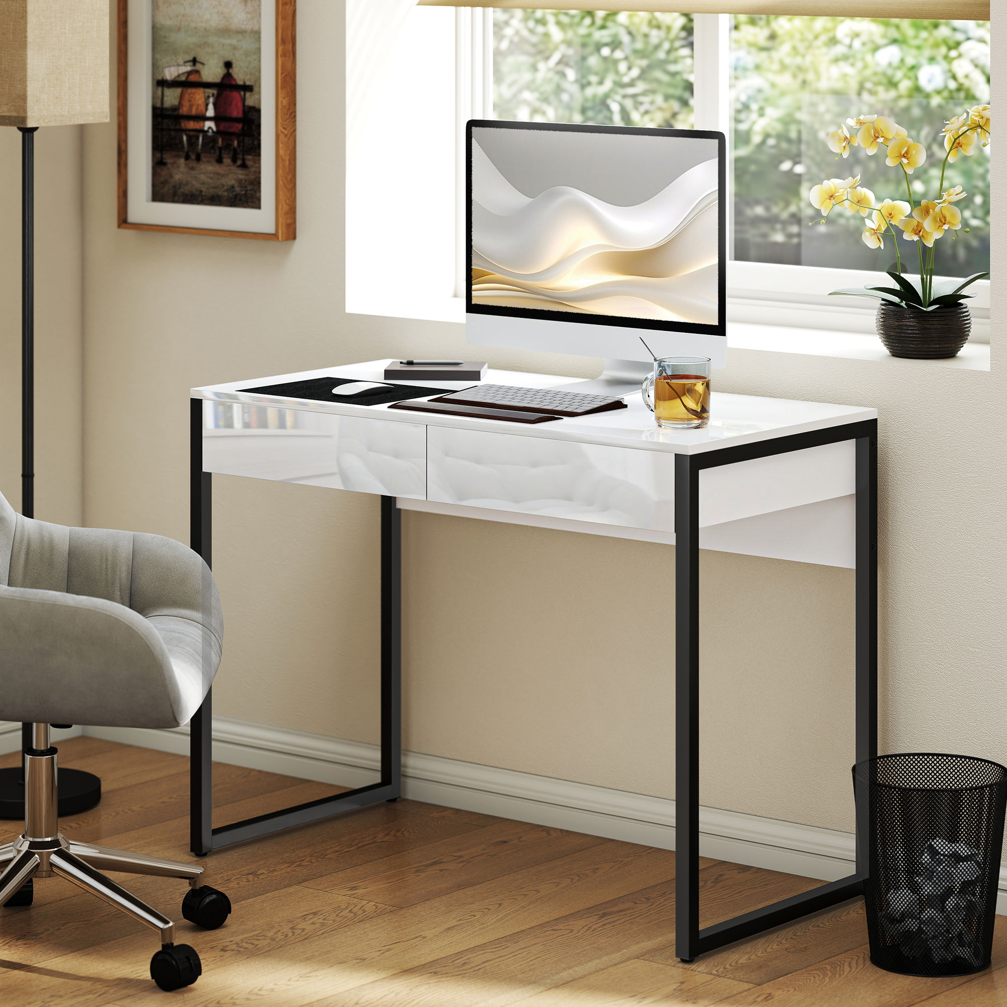 Schreibtisch 100 x 50 cm Computertisch Bürotisch mit 2 Schubladen, für kleine Räume, Schwarz