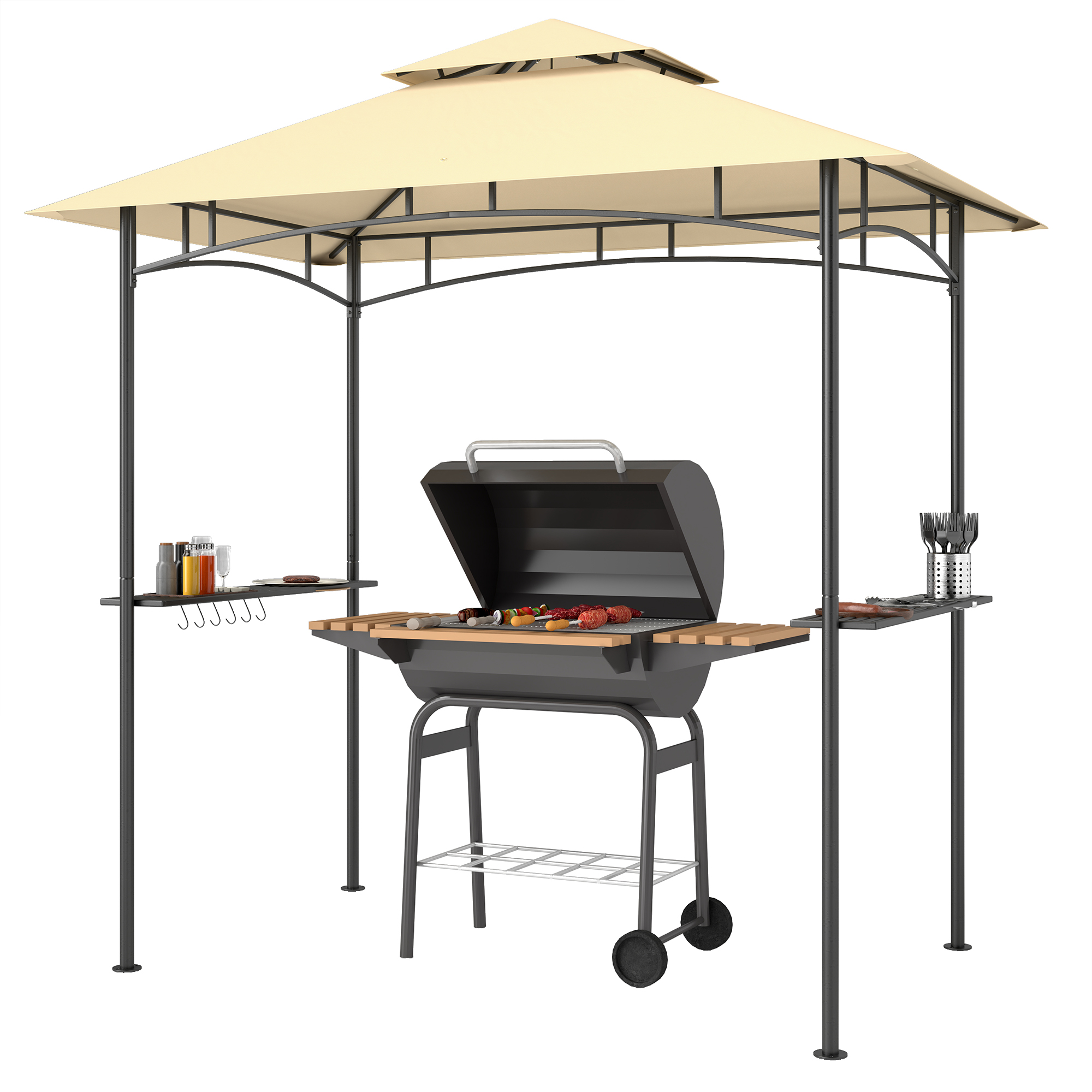 Grillpavillon mit LED 240 x 150 x 258 cm wasserabweisend flammhemmend Gartenpavillon mit Doppelschichtdach