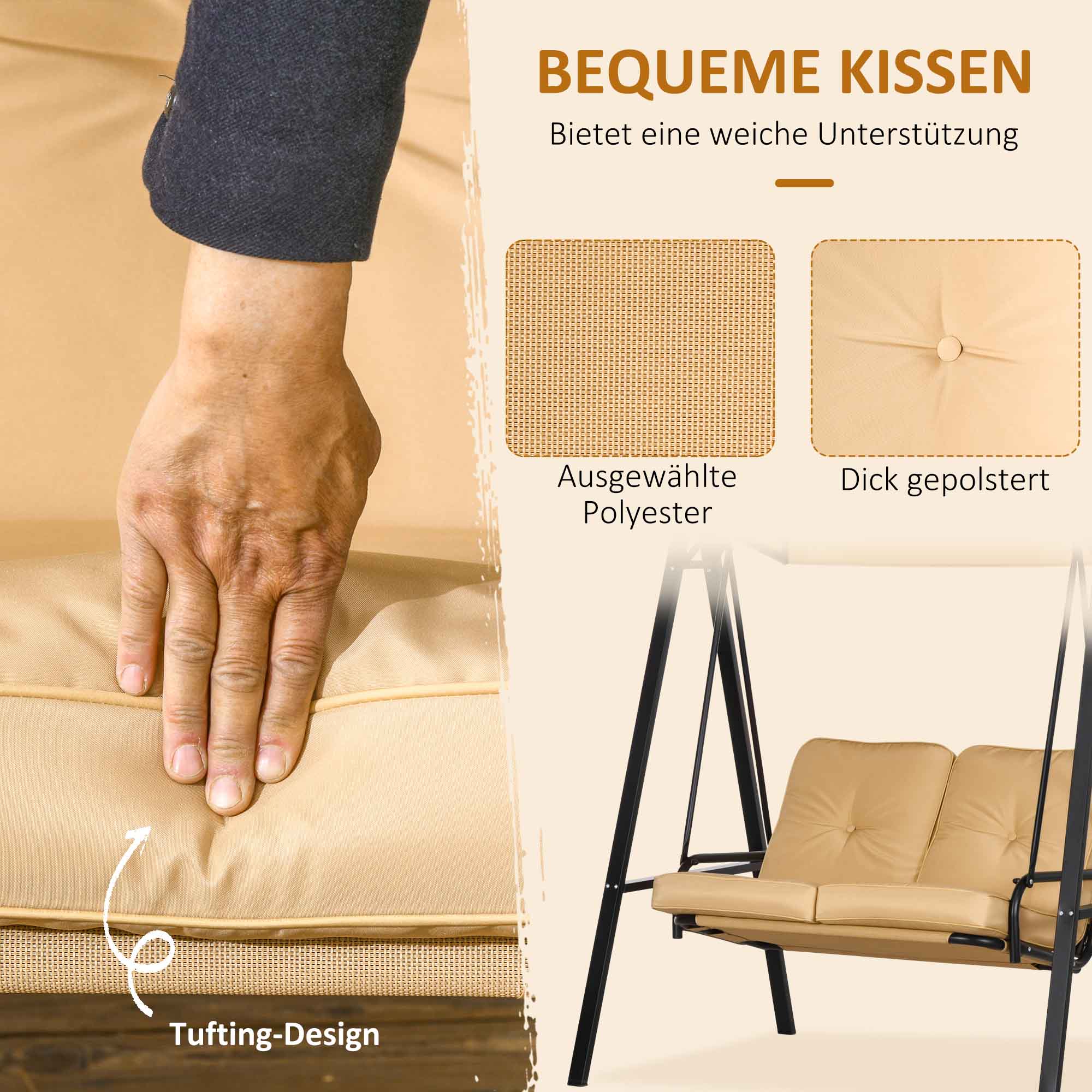 Hollywoodschaukel, 2-Sitzer Gartenschaukel mit verstellbarem Dach, bis 220 kg belastbar, 145 x 116 x 172 cm, Beige
