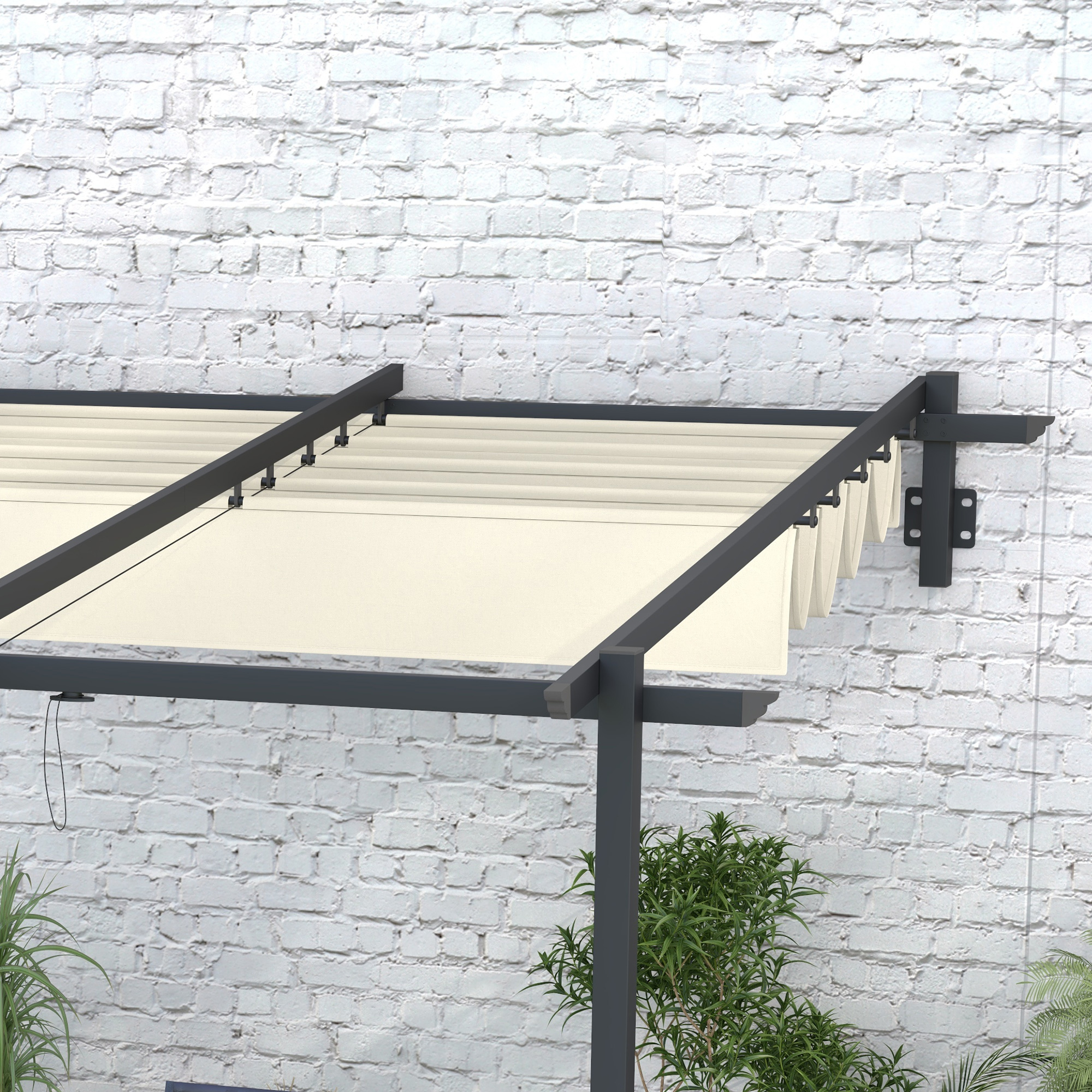 Gartenpavillon 3 x 3m, einziehbares Dach, Wandmontage, Metallrahmen, Cremeweiß