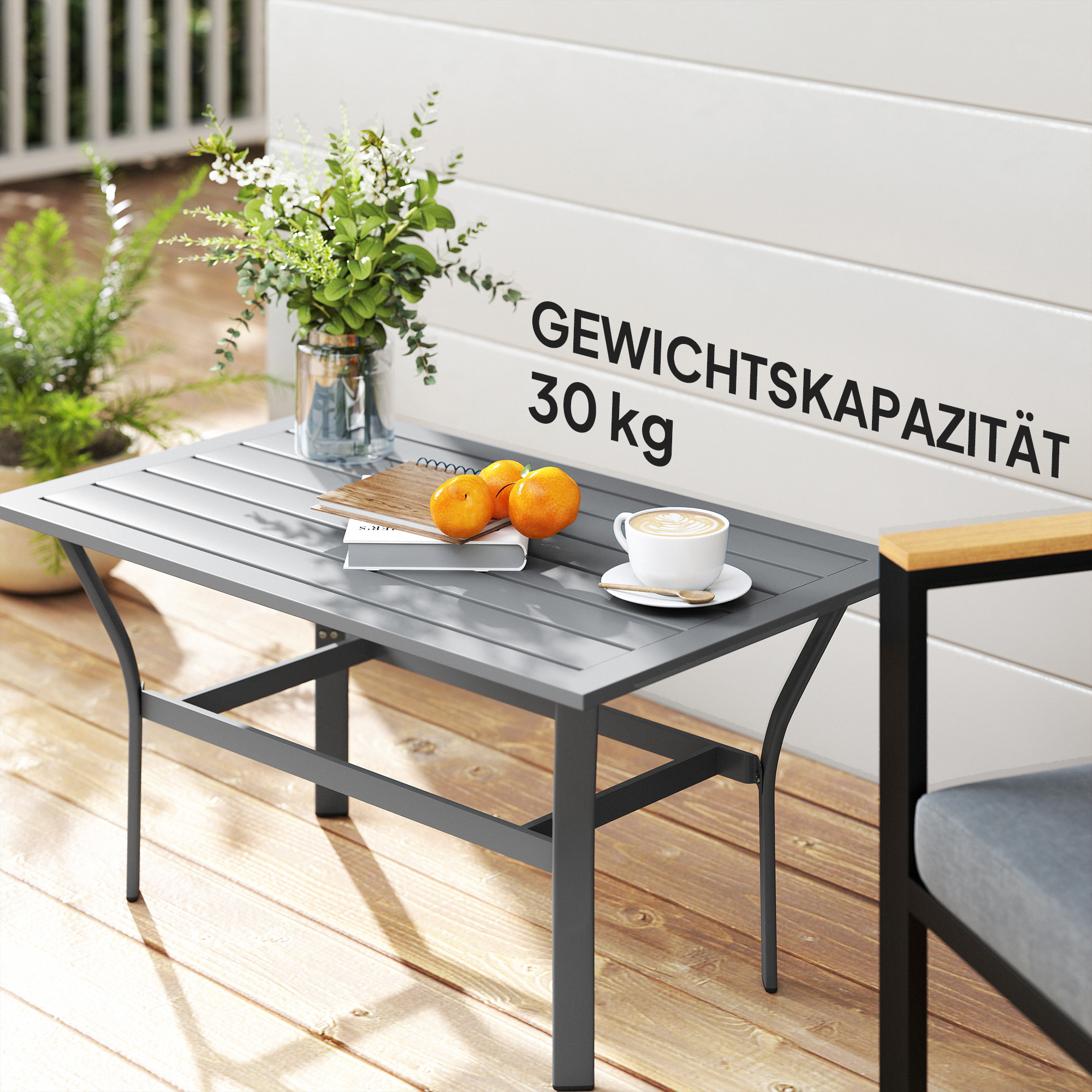 Beistelltisch Metall Balkontisch mit Lamellendesign wetterfest Kaffeetisch Gartentisch 91,5 x 55 x 45 cm Dunkelgrau