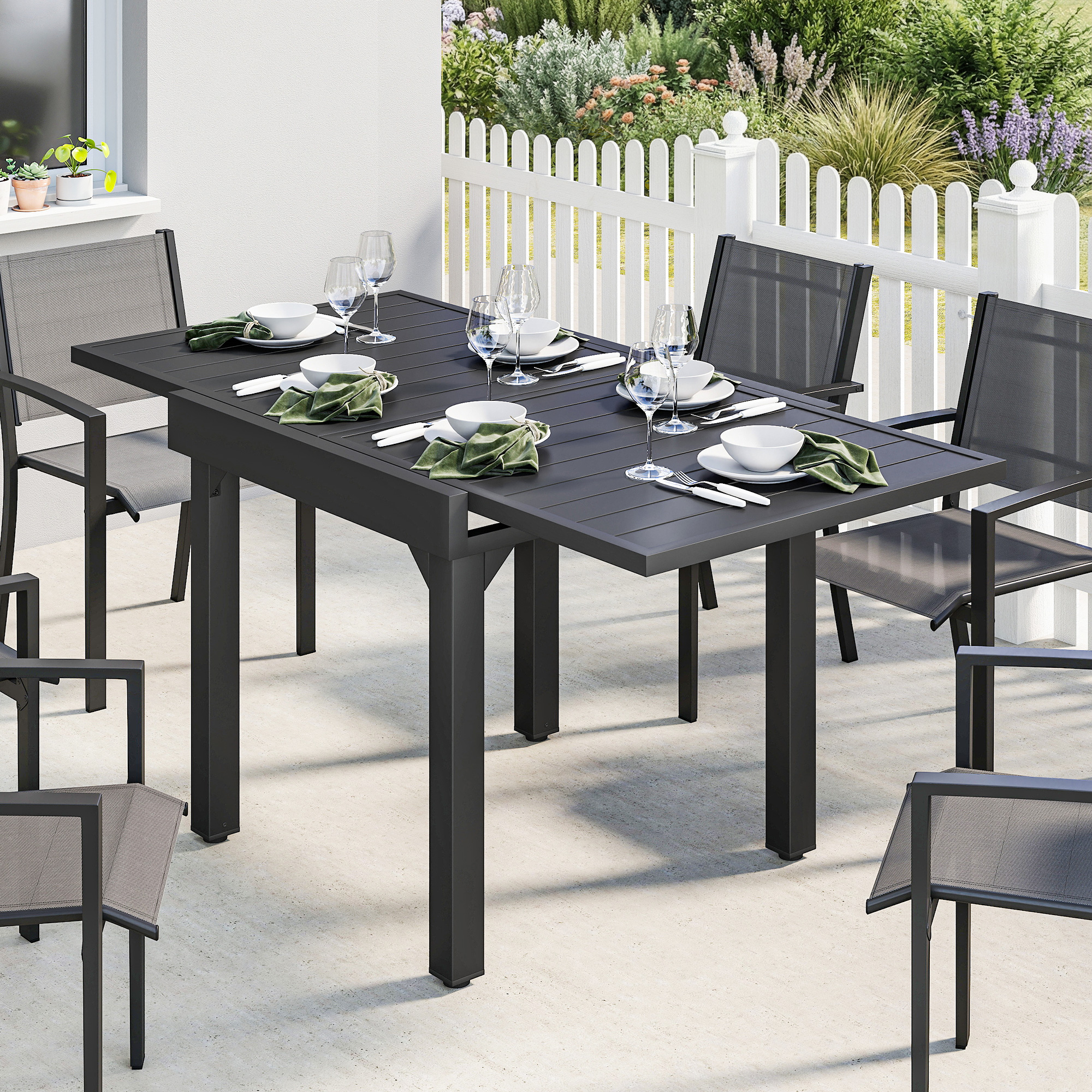 Gartentisch Ausziehbarer 80/160 x 80 cm Aluminium Esstisch für 4-6 Personen, Rechteckig mit Lamellenplatte
