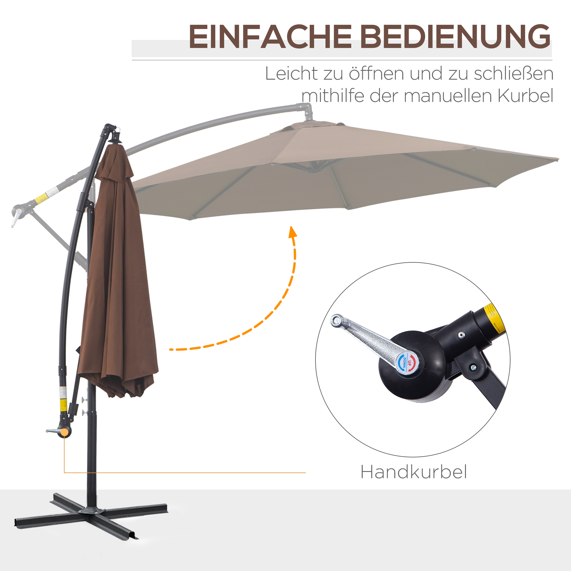 Sonnenschirm mit Kurbel Wetterbeständig 3 m x 3 m x 2,5 m Stahl Polyester Kaffee