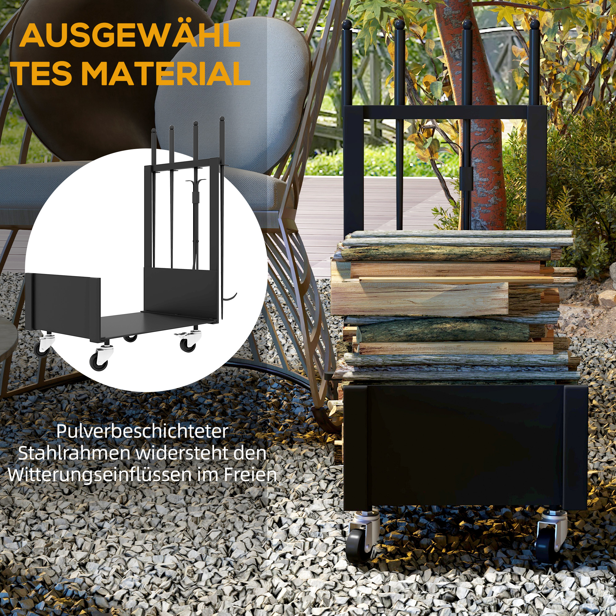 Feuerholzgestell mit Rädern, viel Zubehör, Metallrahmen, bis 60 kg, 48 x 30 x 76 cm, Schwarz