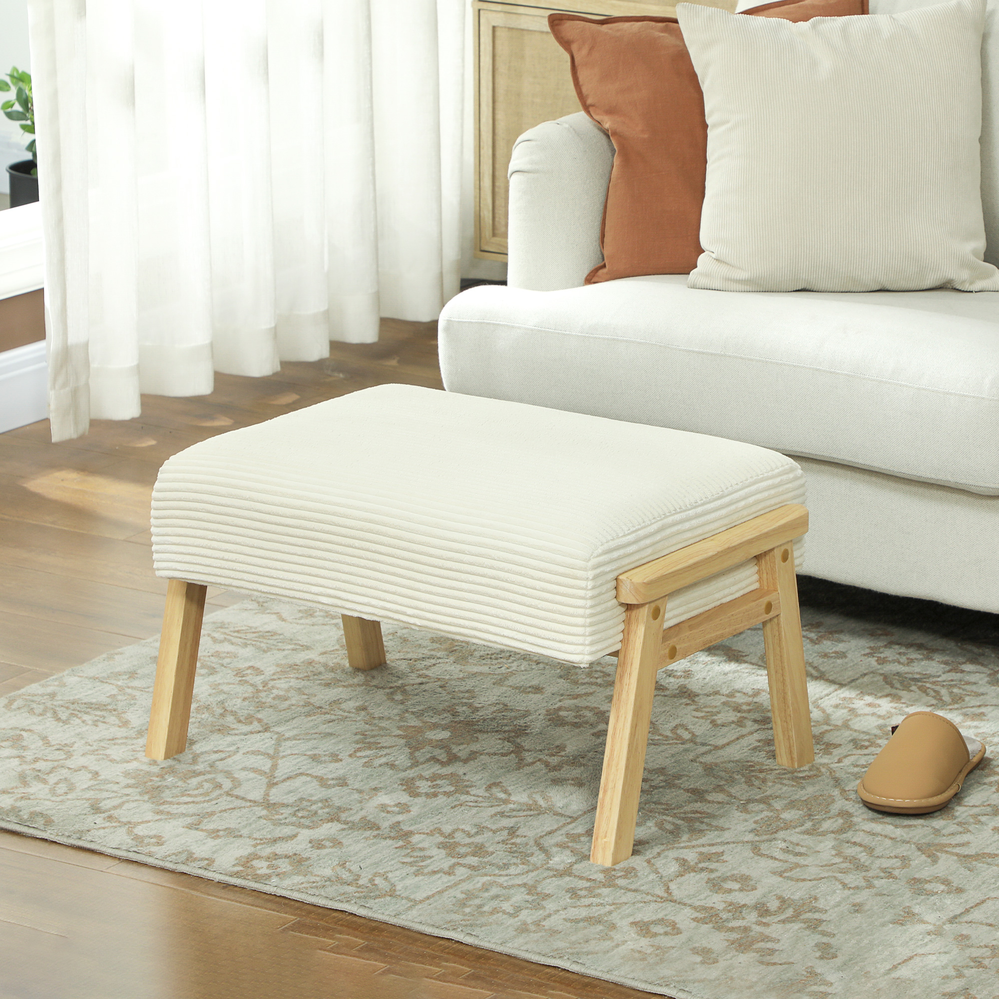 Sitzhocker Hocker mit weichem Sitzkissen Holzbeinen Fußhocker mit Cordoptik Cremeweiß
