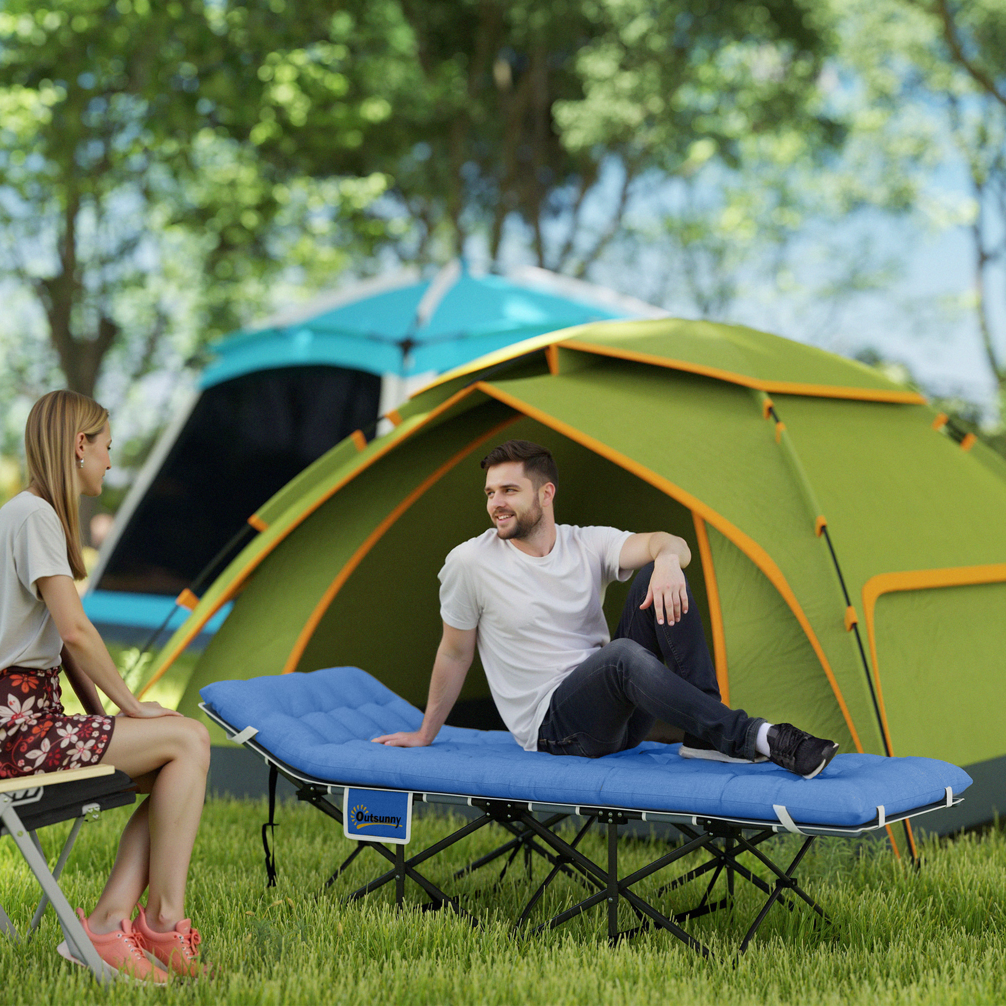 Feldbett faltbar Campingbett mit Matratze Kopfkissen Seitentasche 185 x 68 x 37 cm bis 150 kg Dunkelblau