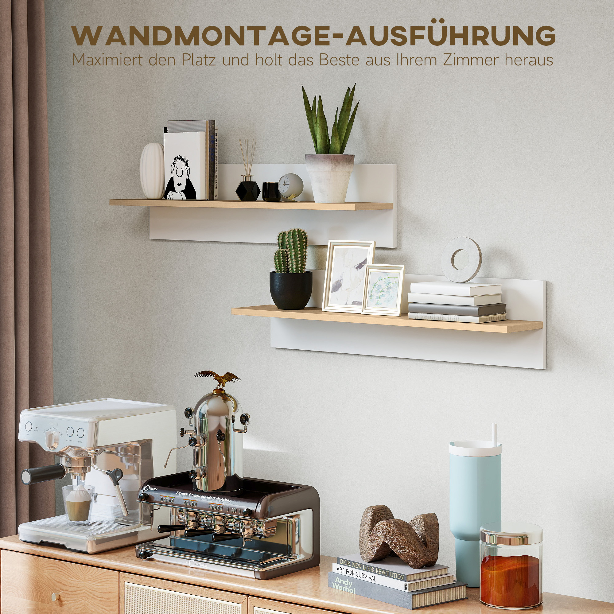 Wandregal 2er-Set Schweberegal, Wandboard, Regalbrett zur Präsentation, für Küche, Wohnzimmer, Weiß+Naturholz