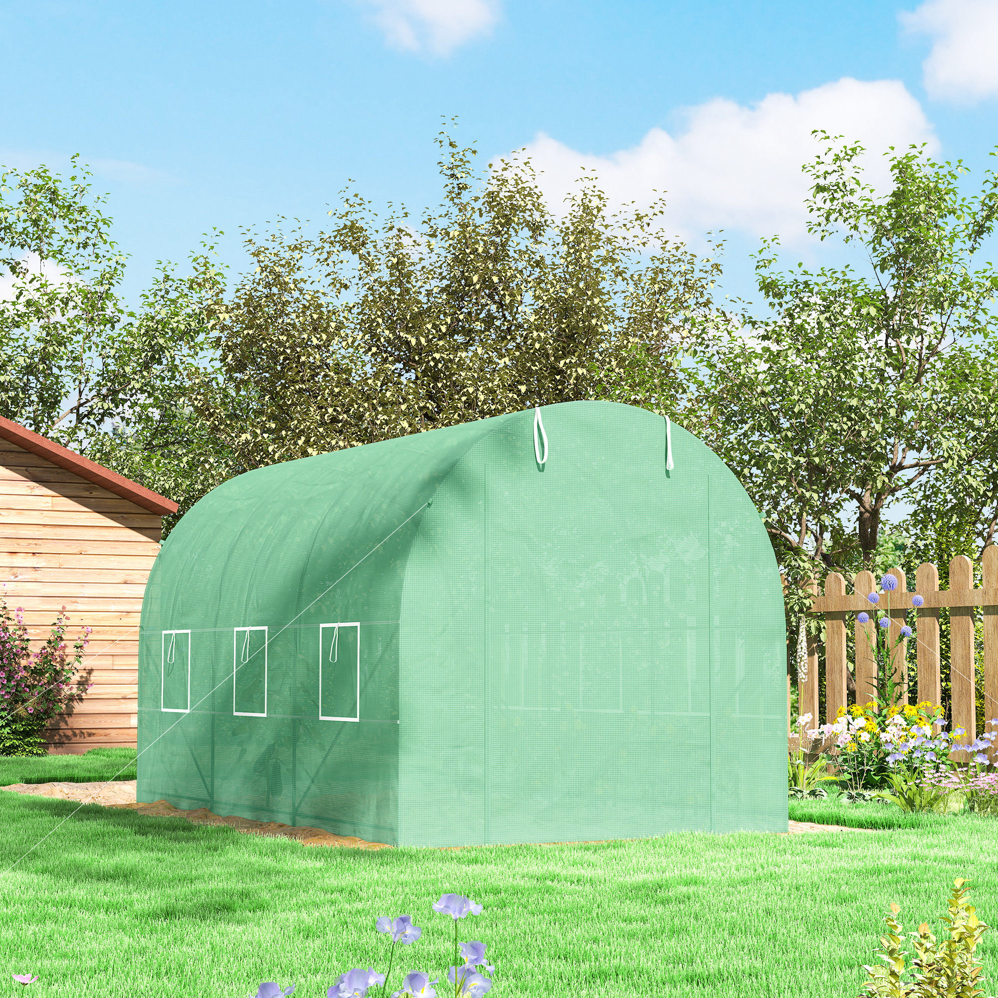 Gewächshaus 350x200x200cm Foliengewächshaus Tomatenhaus mit Tür, 6 Fenster, Folientunnel aus verzinktem Stahl, PE, stabiles Treibhaus Pflanztunnel, inkl. Erdanker & Seilen, Grün