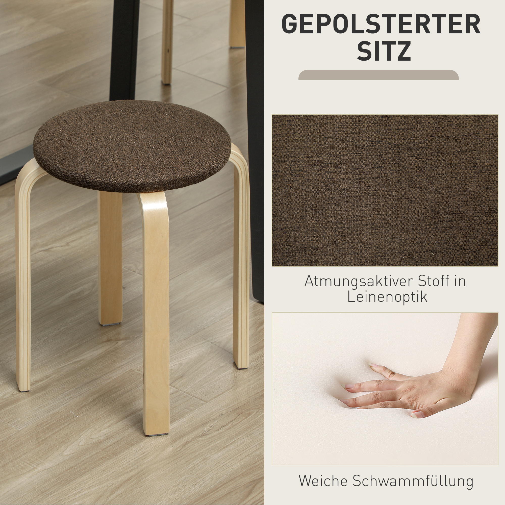 Polsterhocker im 4er-Set, stapelbar, lackierte Oberfläche, Holzbeine, Braun