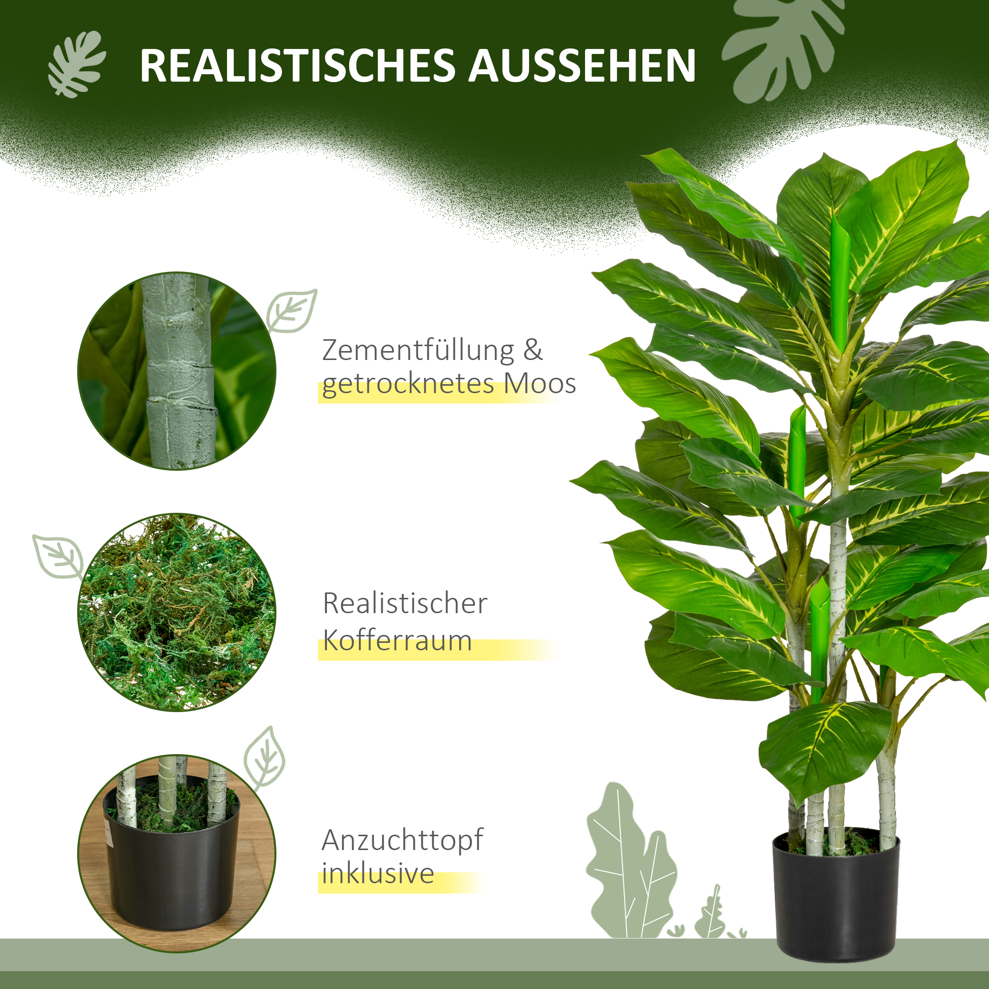 Künstlicher Baum 95 cm Kunstpflanze mit 33 Blättern, Topf für Wohnzimmer