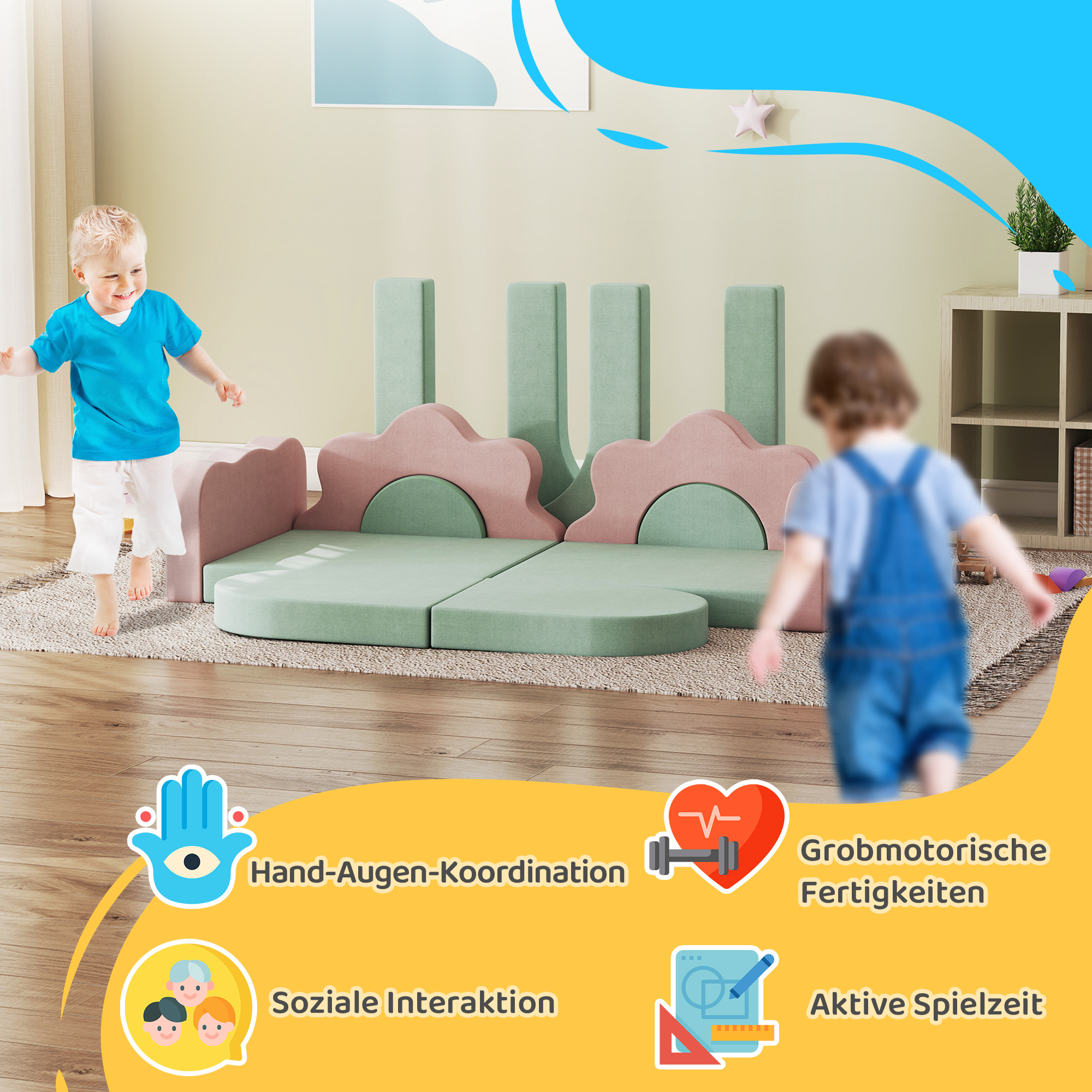 12-teiliges Set Schaumstoffblöcke zum Klettern, Bauen, Krabbeln, Indoor-Spielmatten mit Cordbezug, Grün+Rosa