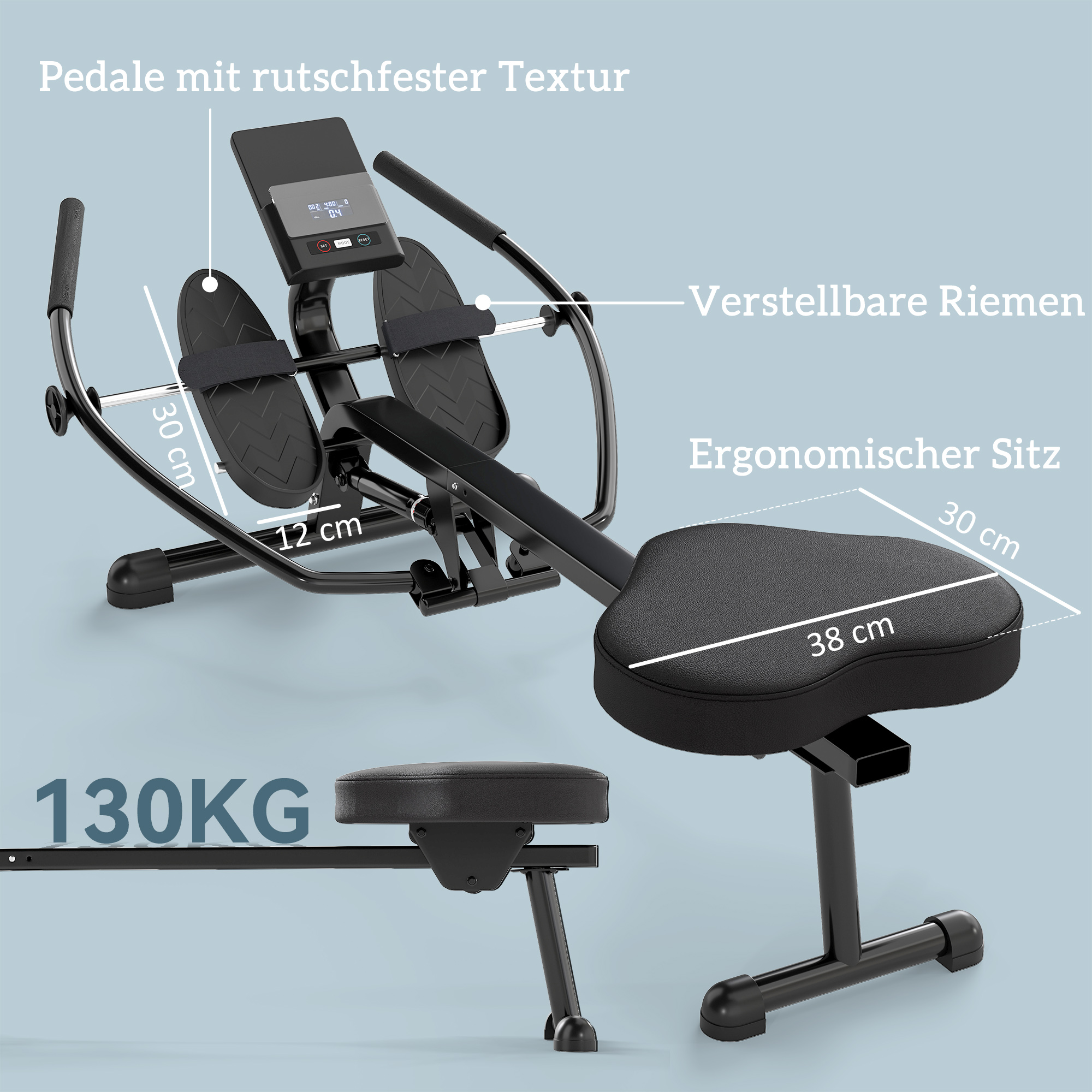 hydraulisches Rudergerät für Zuhause mit 12 Widerstandsstufen, mit LCD-Bildschirm und rutschfesten Pedalen Max. 130 kg