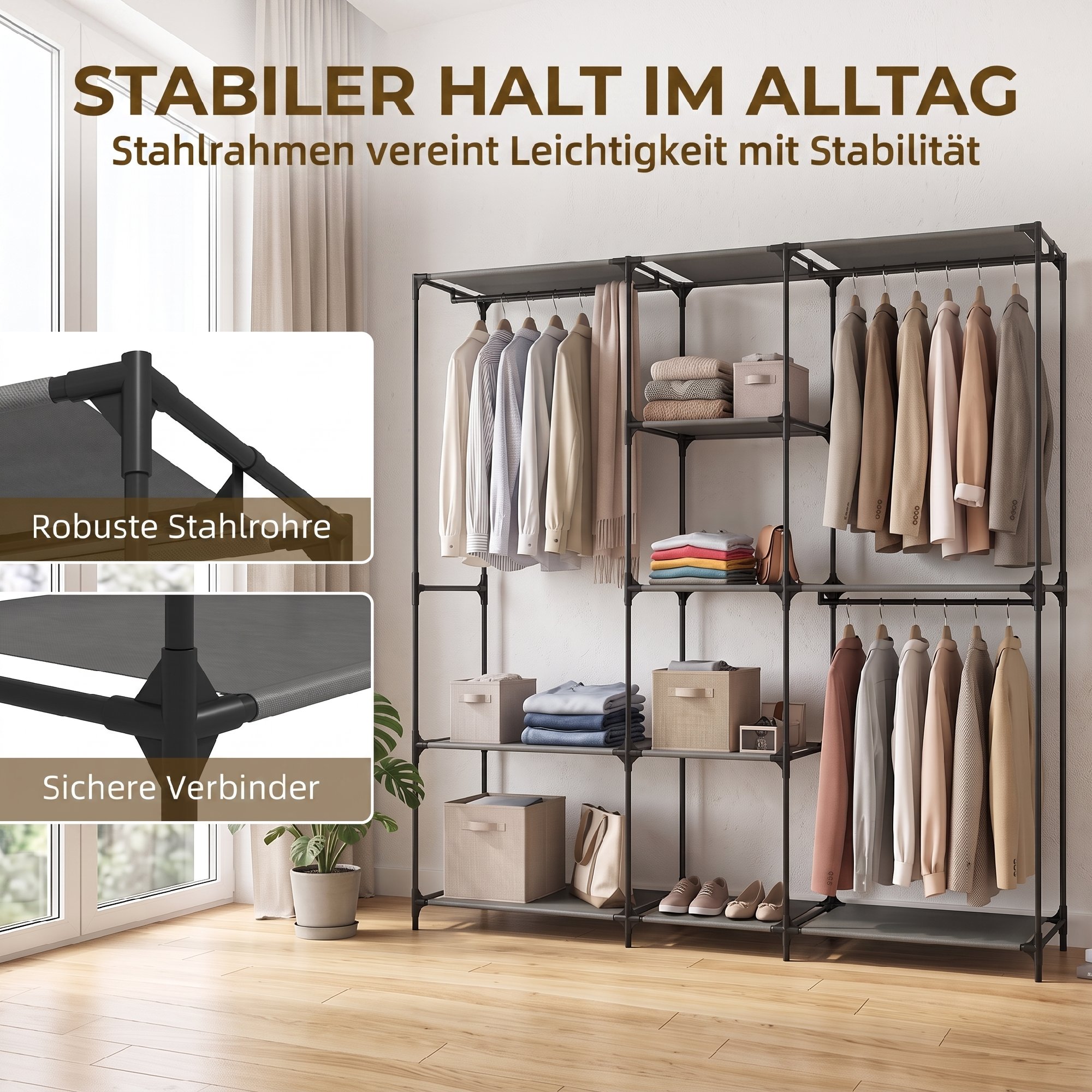 Textil-Kleiderschrank, tragbar, werkzeuglos, mit 3 Kleiderstangen und 5 Ablagen, 182 x 43 x 182 cm, Schwarz