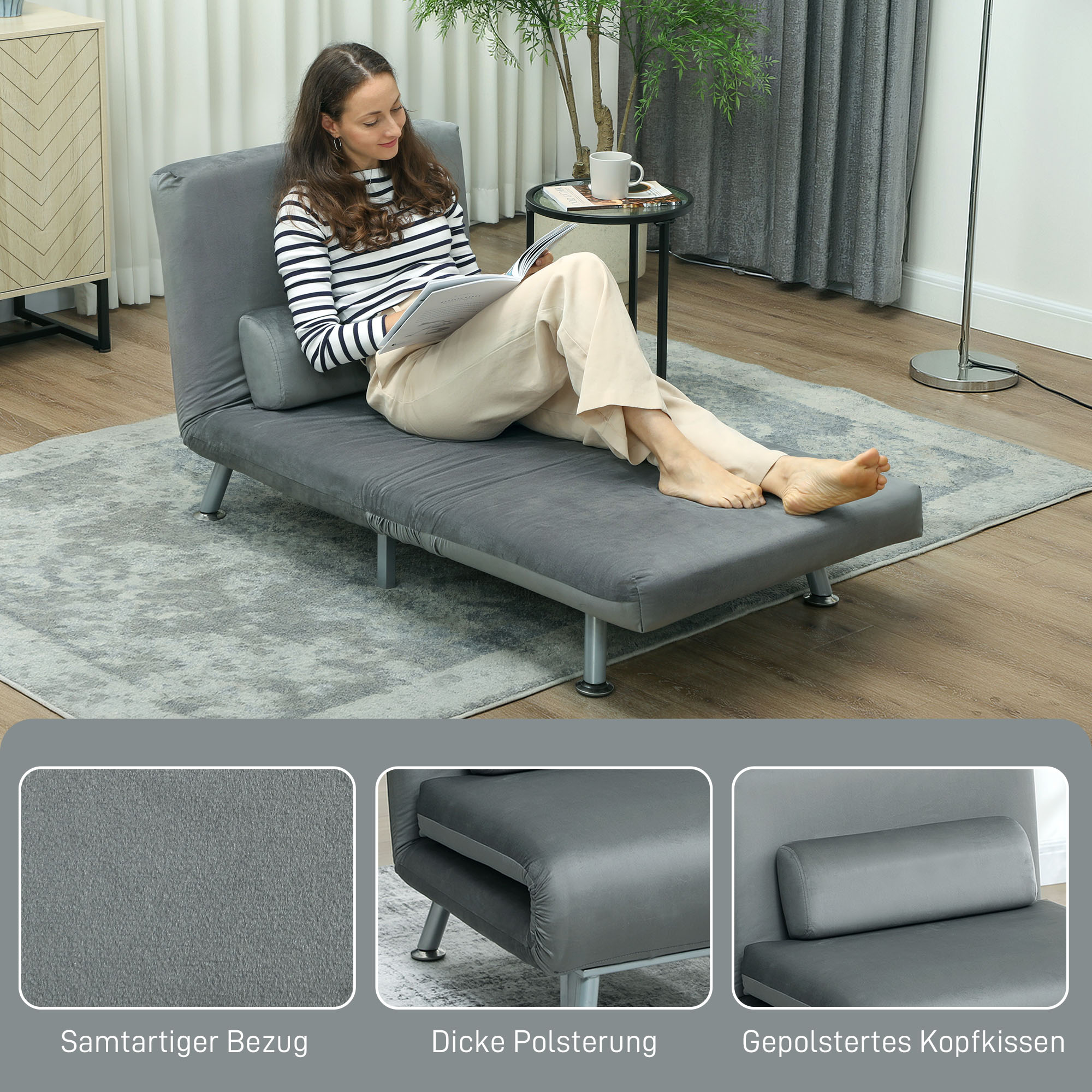 Klappsessel mit Bettfunktion, klappbarer Relaxsessel in Samtoptik, Verstellbare Rückenlehne, 75 x 70 x 75 cm, Grau