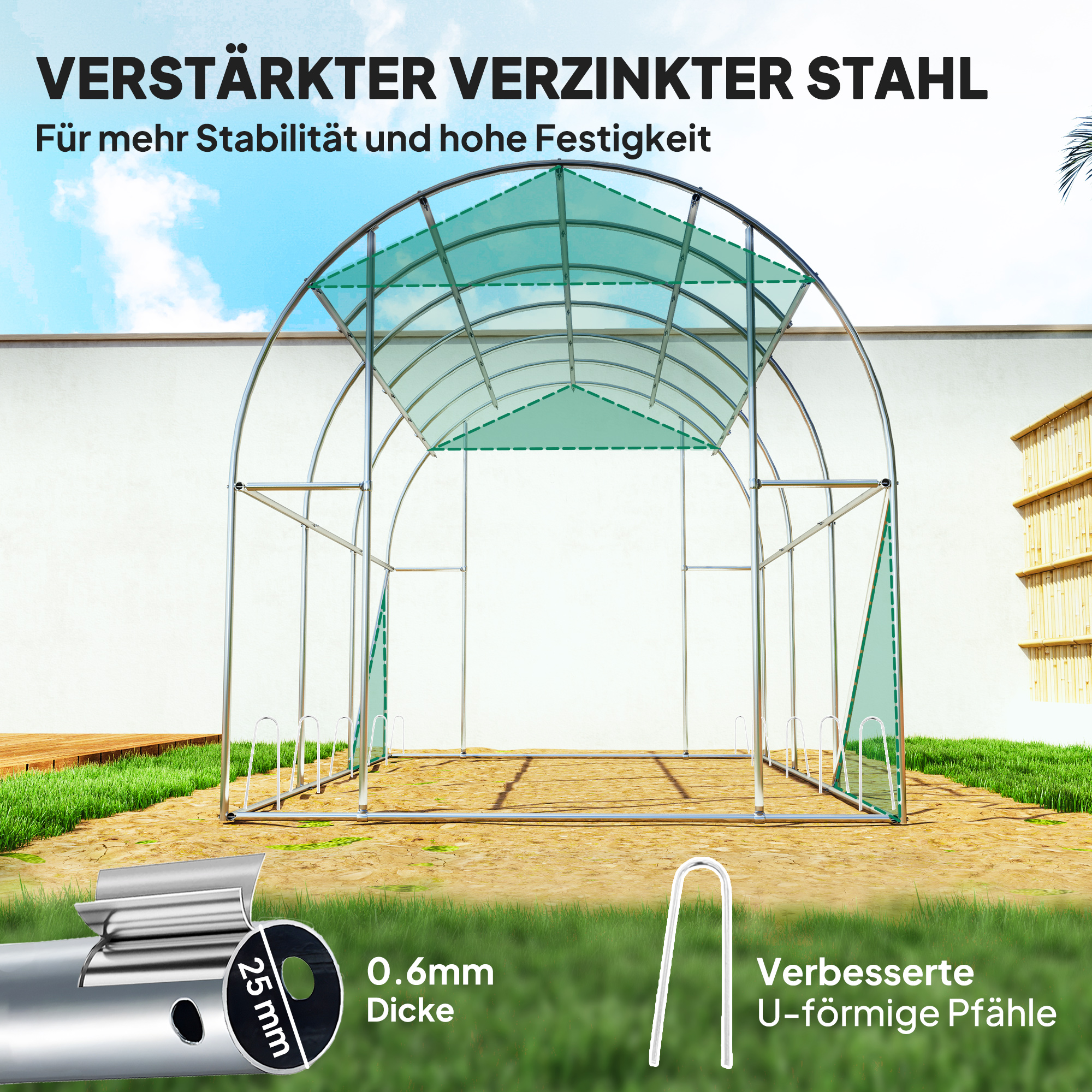 Polytunnel Gewächshaus mit Kunststoff-Abdeckung und Stahlrahmen, begehbares Gewächshauszelt mit Rolltüren, Grün