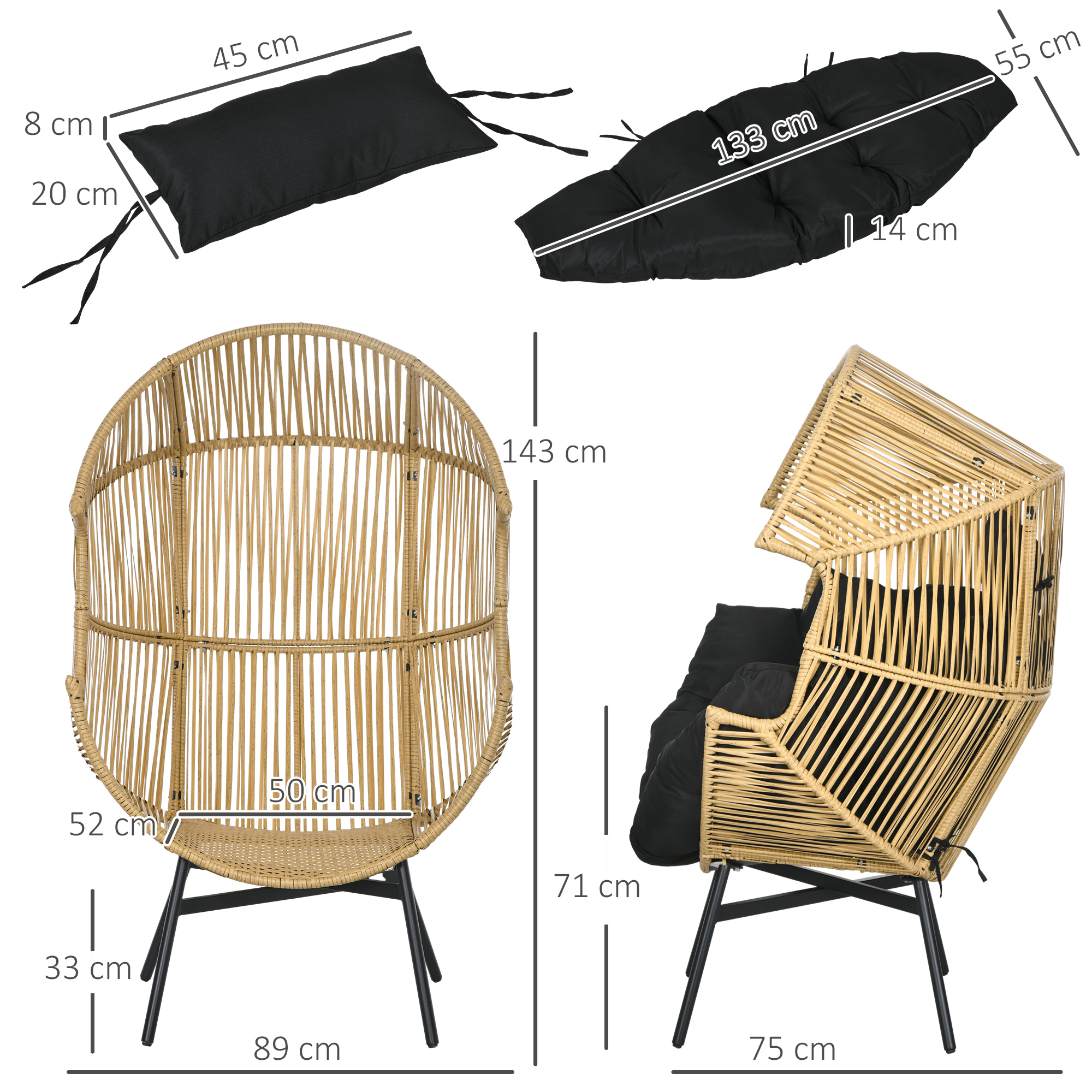 Rattansessel Outdoor-Sessel Gartensessel, PE-Rattan, 89 cm x 75 cm x 143 cm, Natur + Schwarz