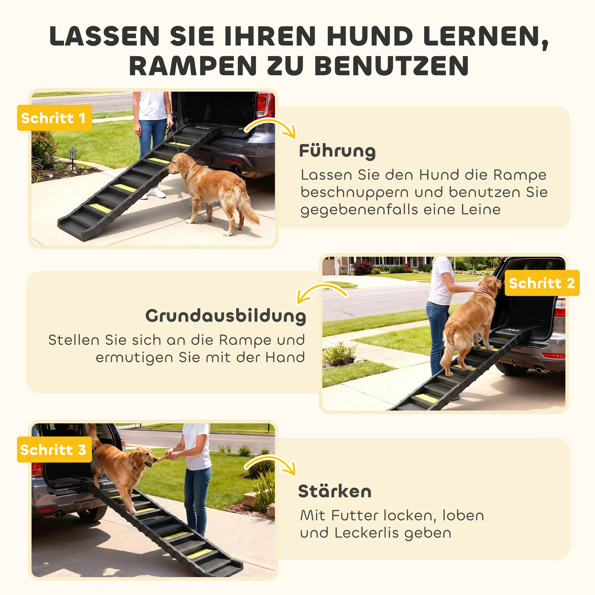 Hunderampe klappbar Hundetreppe Auto & SUV rutschfest Hundeautorampe für Große & Kleine Tiere bis 68 kg 154x40cm Schwarz