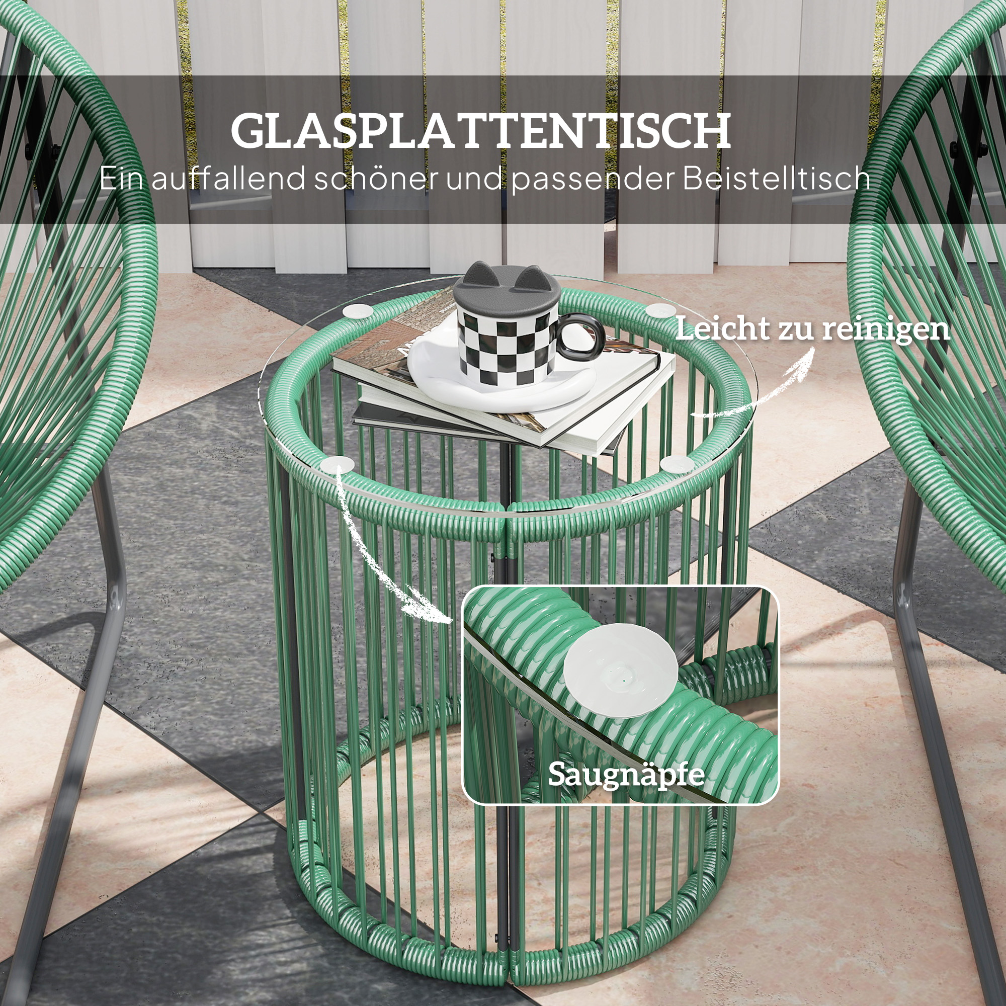 3-teiliges Outdoor-Möbelset, 1 Tisch, 2 Stühle, Glastischplatte, Kunststoff-Rattan um Stahlrahmen, weiche Kissen, Grün
