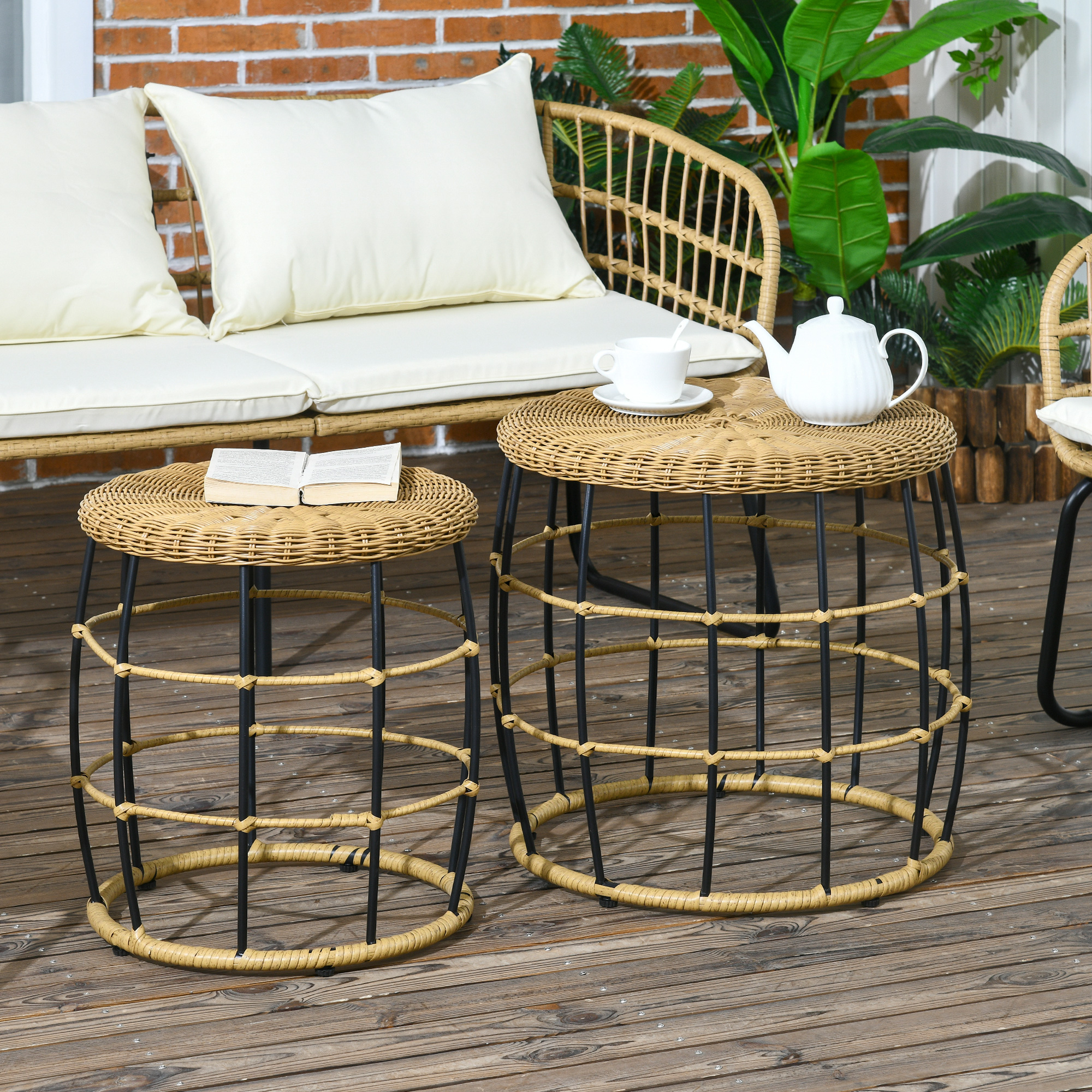 2er-Set Gartentische Balkontische, Boho-Stil, wetterbeständig, Schwarz + Khaki