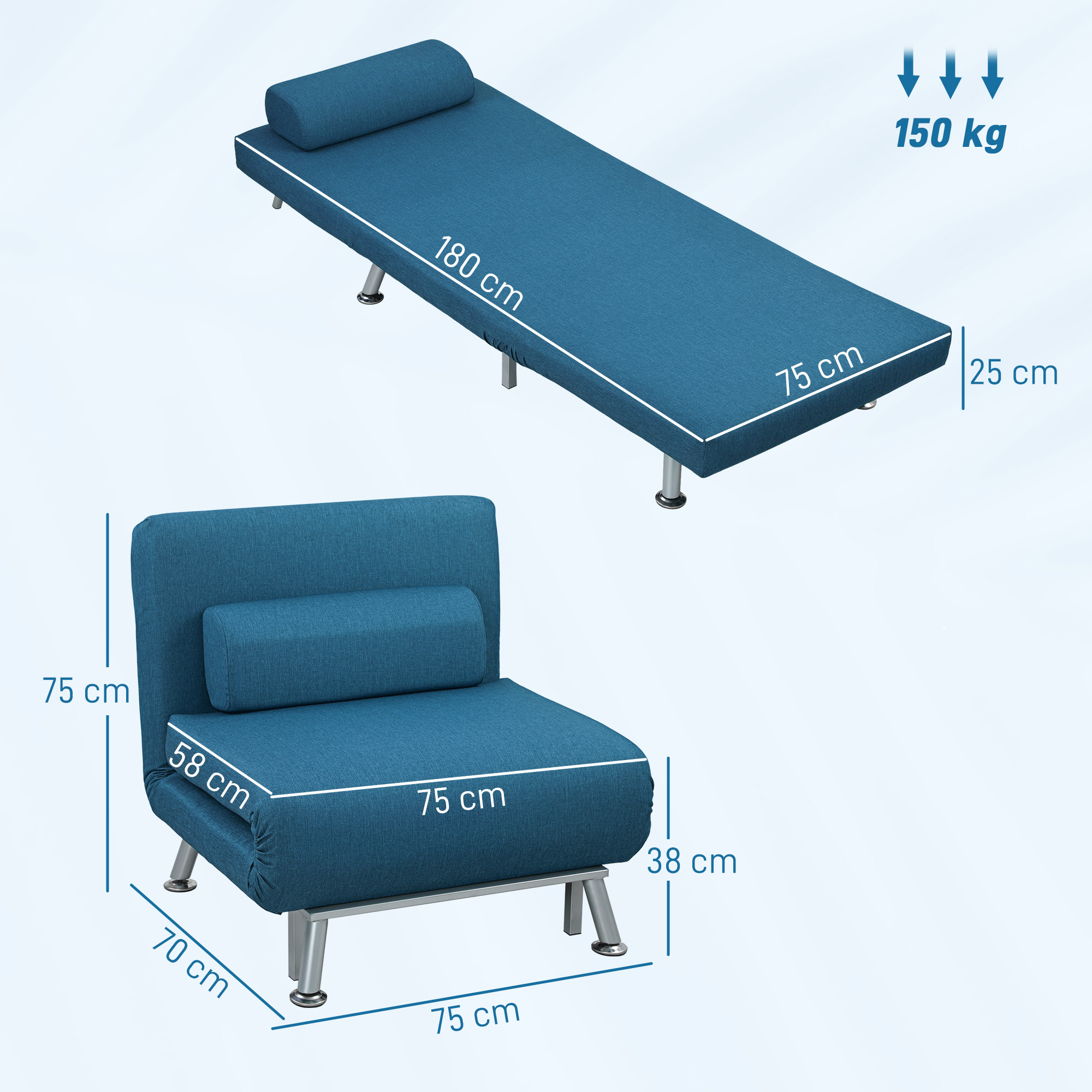 Klappsessel mit Bettfunktion, klappbarer Relaxsessel in Leinenoptik, Verstellbare Rückenlehne, 75 x 70 x 75 cm, Blau
