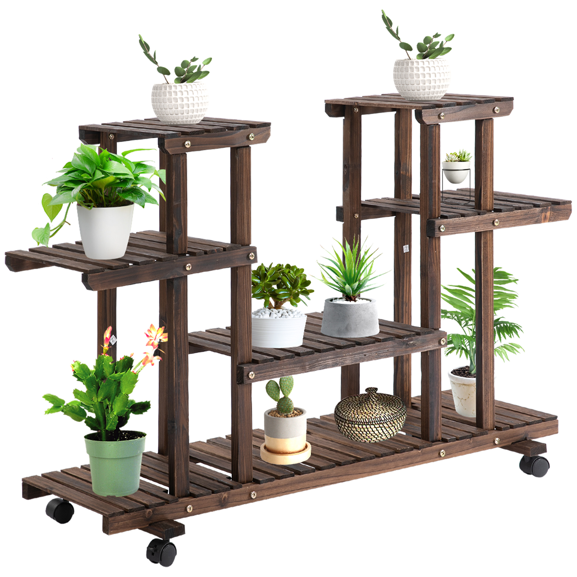 Blumentreppe 6 Regale 4 Rollen 123,5 cm × 33 cm × 80 cm Massivholz Braun 123,5 cm × 33 cm × 80 cm